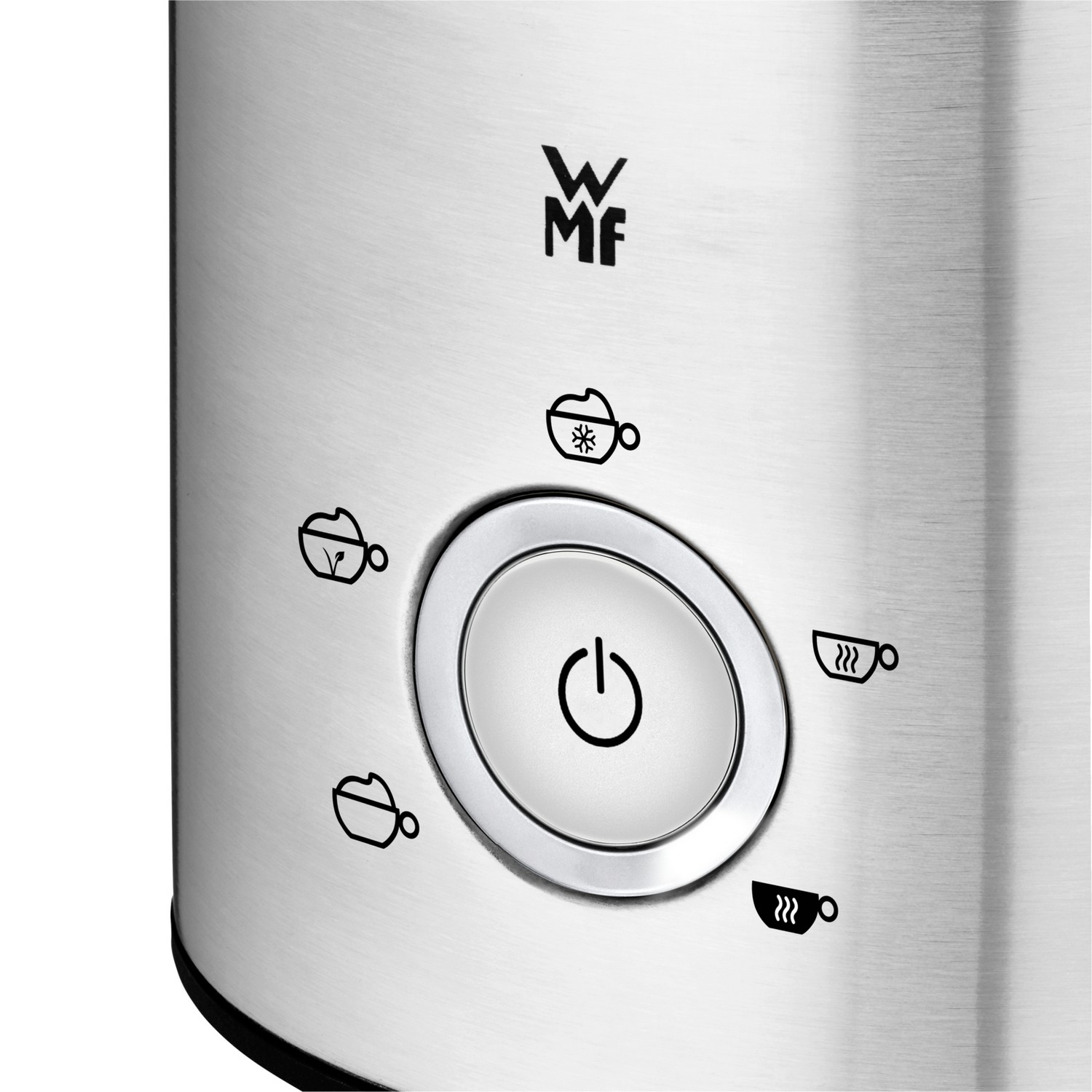 Zbliżenie srebrnego przycisku zasilania ekspresu do kawy i ikon filiżanek do kawy.