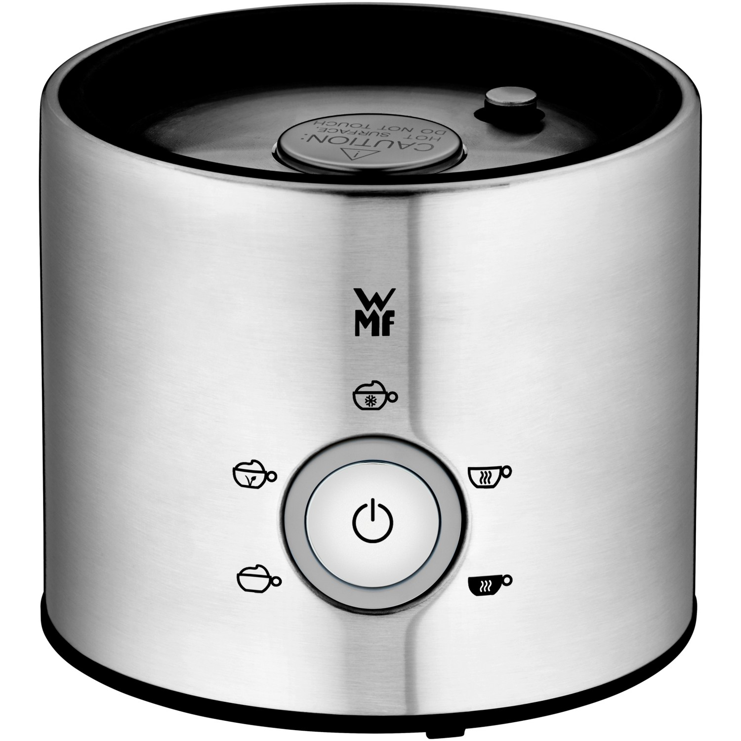 Srebrny ekspres do kawy z przyciskiem zasilania i ikonami filiżanek.