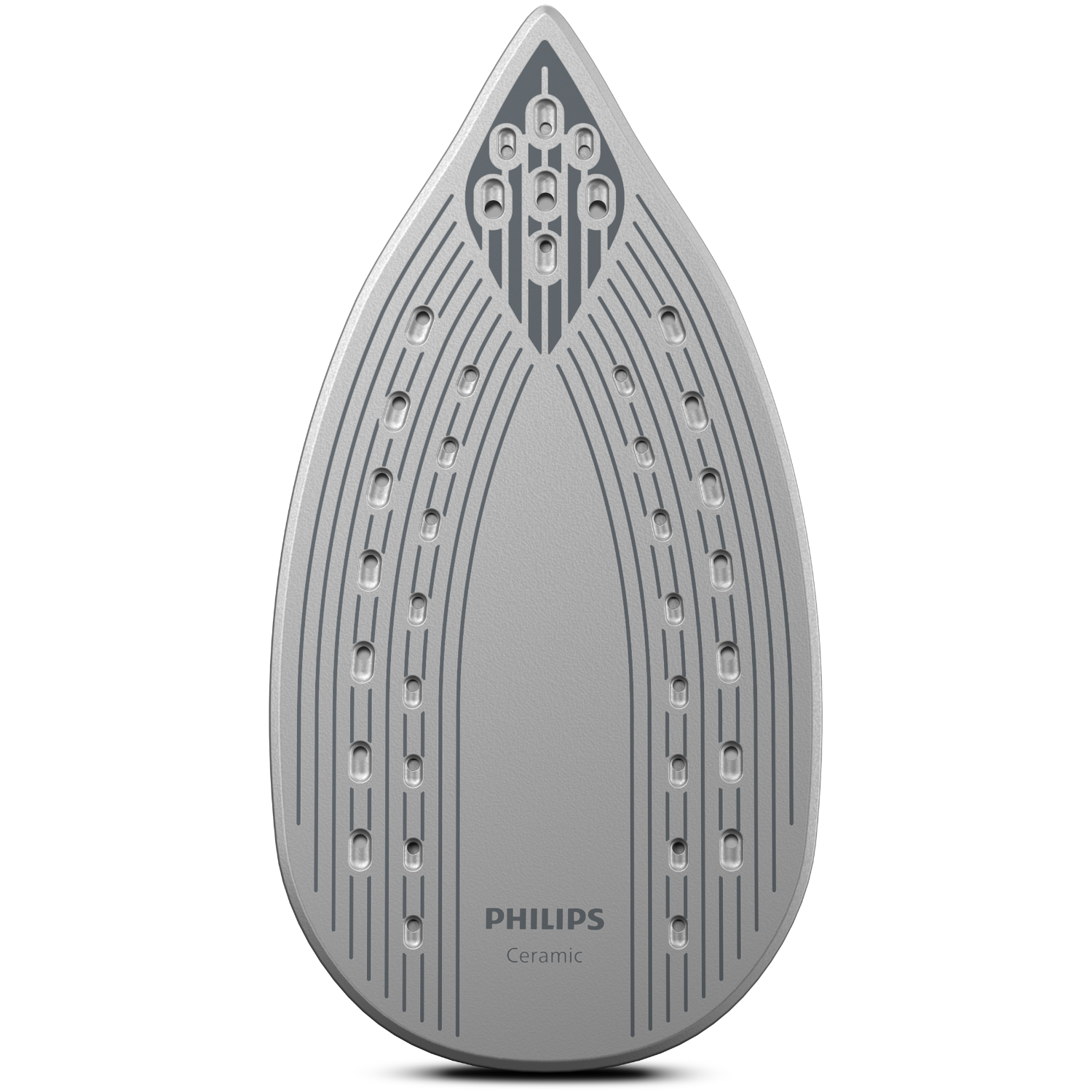 Graue Bügeleisensohle mit Philips Keramik-Branding.
