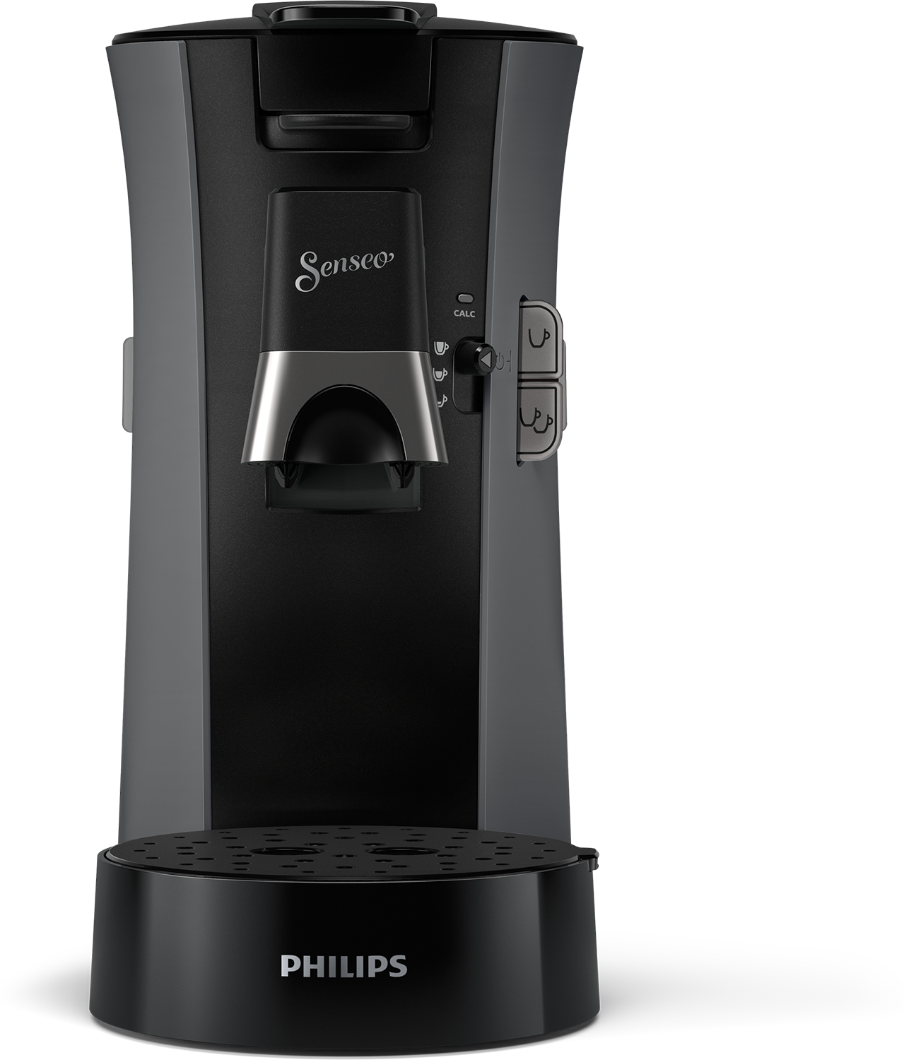 Szary i czarny ekspres do kawy, marka Senseo, ze stojakiem na kubki i pokrętłem.