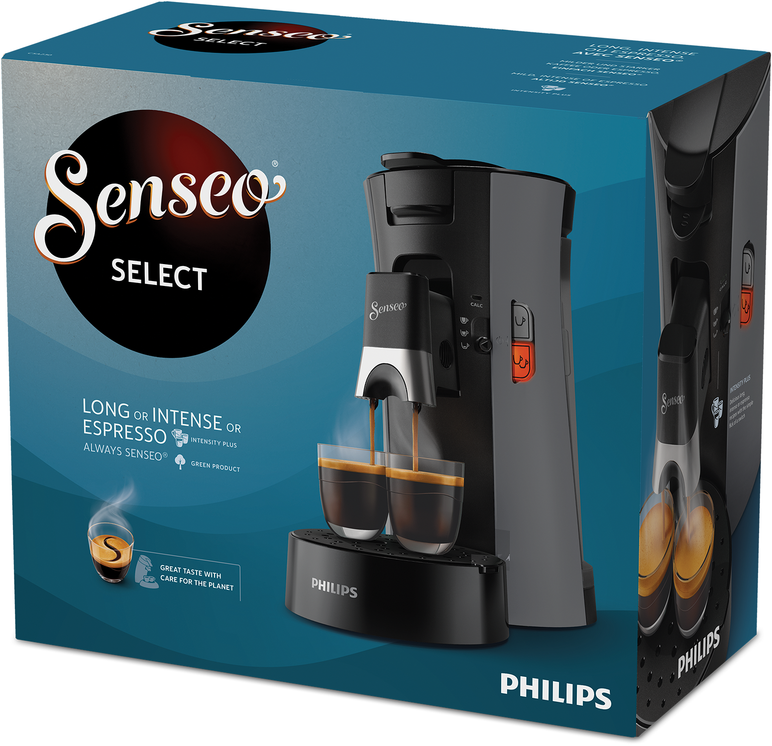 Ekspres do kawy Senseo parzy kawę do dwóch szklanek. Pudełko zawiera tekst i zdjęcia ekspresu i kawy.
