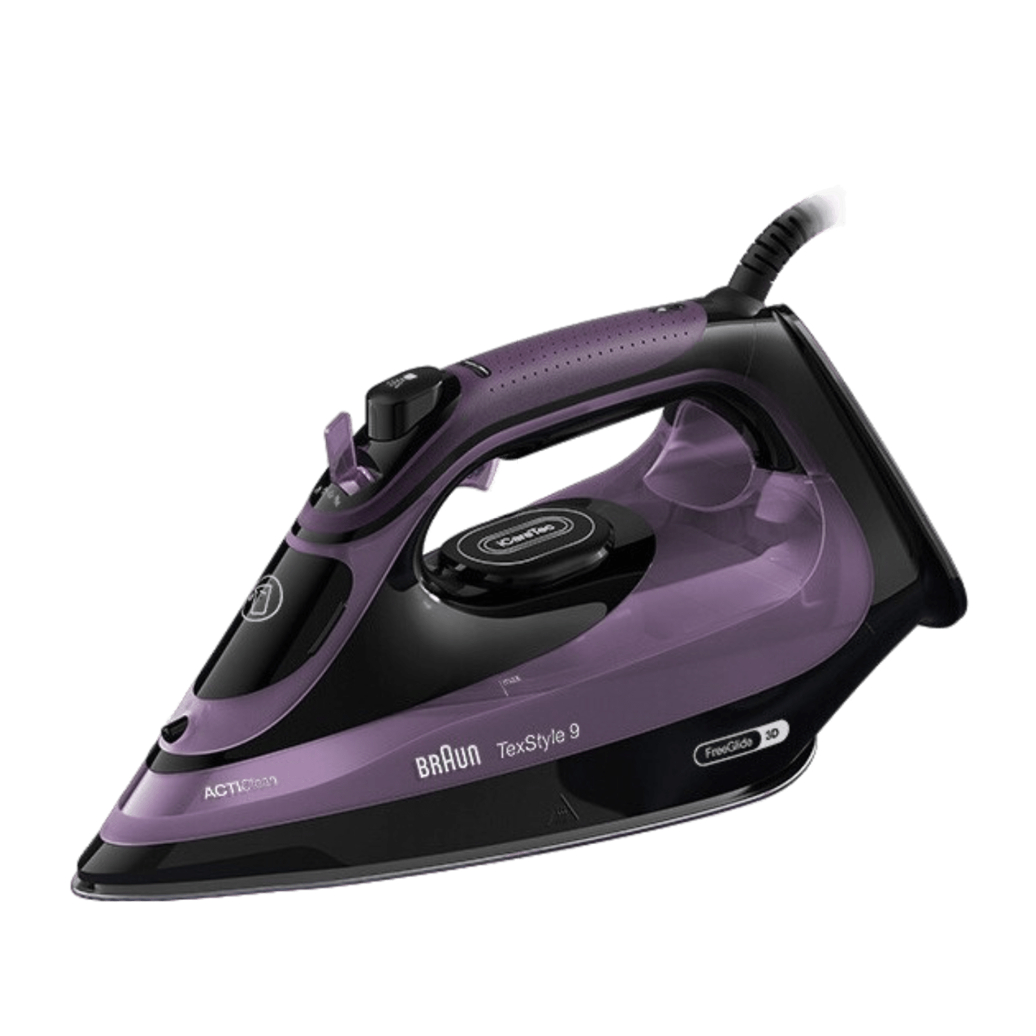 Schwarz-violettes Bügeleisen. Das Bügeleisen wird von oben gesehen, es hat einen Wassertank.