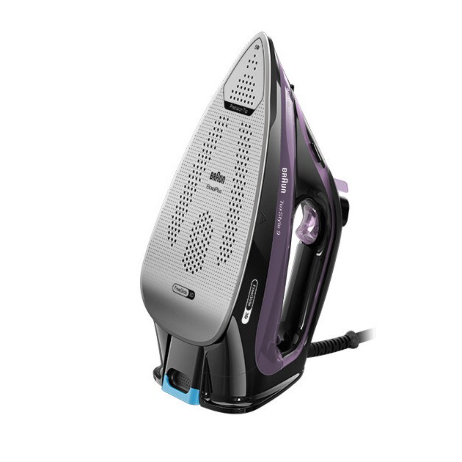 Ein schwarz-lila Braun TexStyle 9 Bügeleisen, zur Kamera geneigt. Die Sohle ist sichtbar.