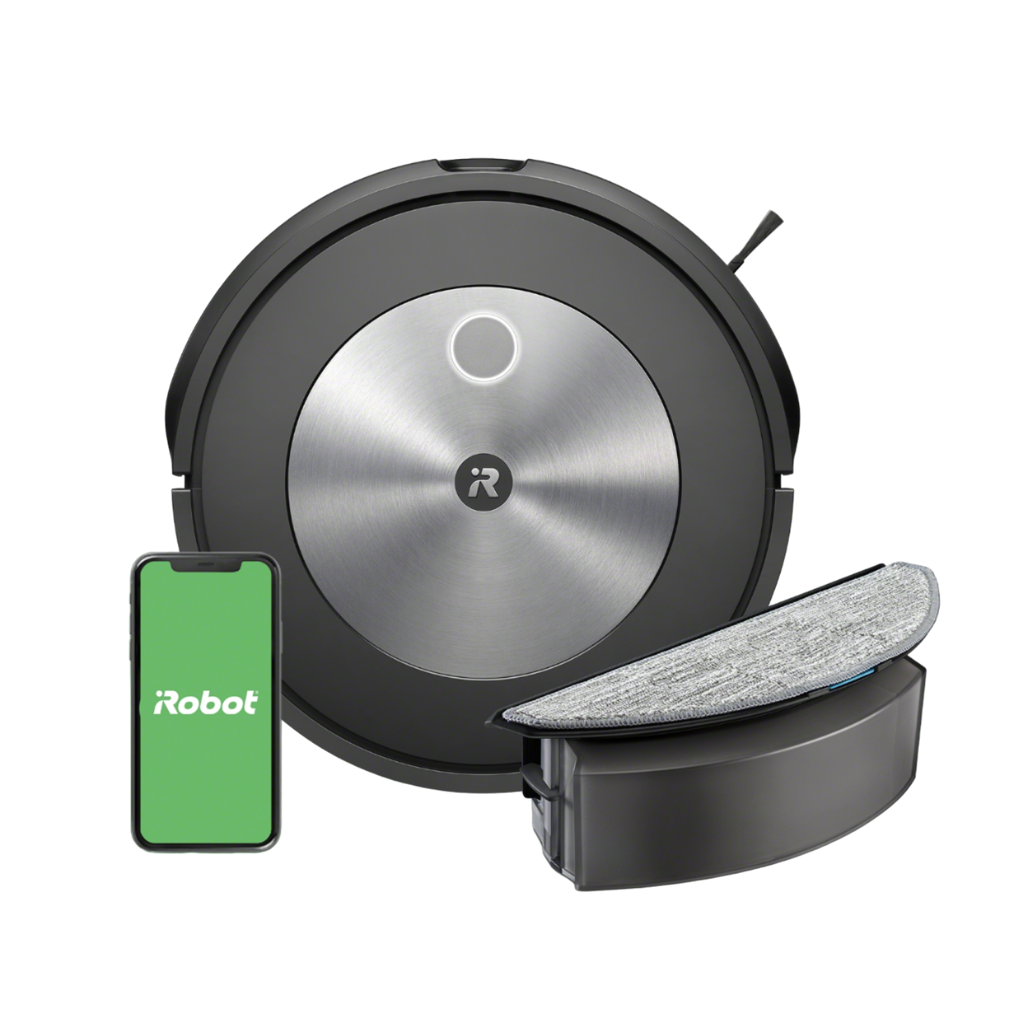 Czarny robot odkurzający ze stacją ładującą i telefonem pokazującym aplikację iRobot.
