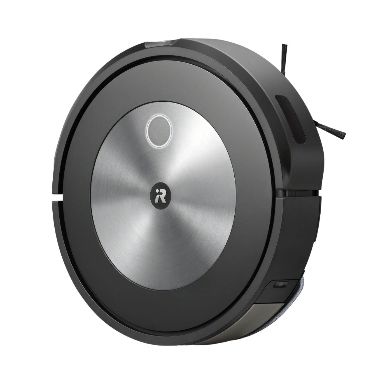 Robot sprzątający, okrągły design, srebrny środek, czarny wygląd.
