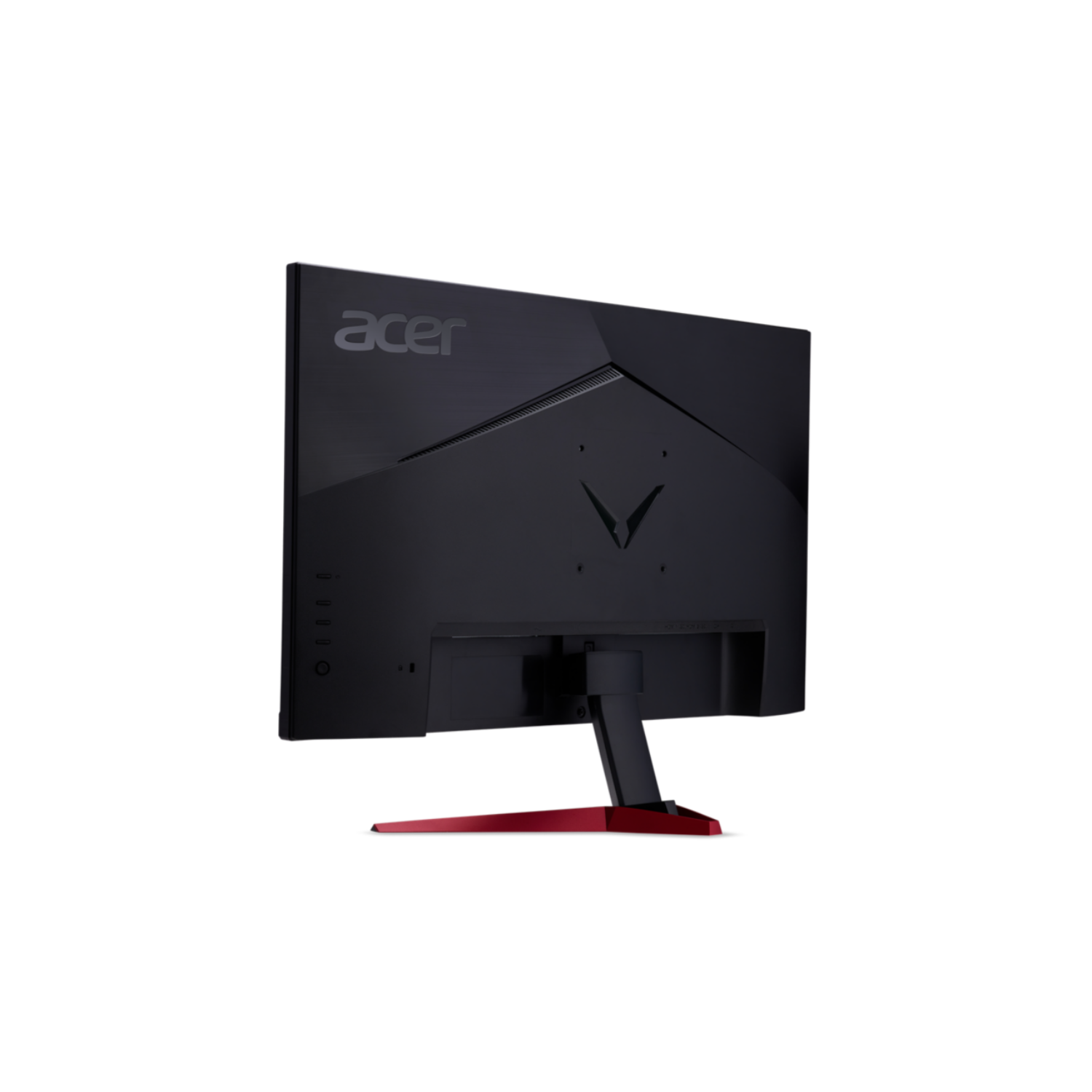 Acer Monitor Rückansicht. Schwarz mit rotem Ständer und Acer-Logo. Anschlüsse und Knöpfe sichtbar.