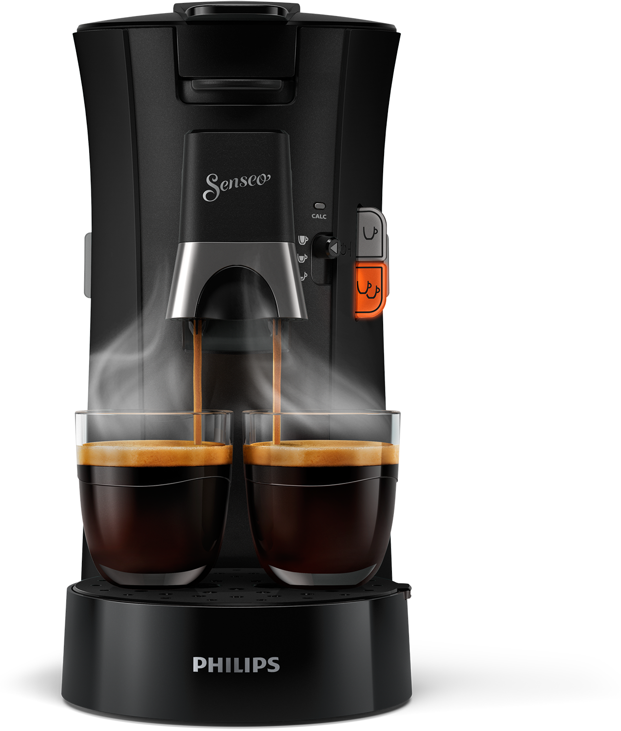 Black coffee machine brewing coffee into two glasses. Steam rises. Philips logo is visible.