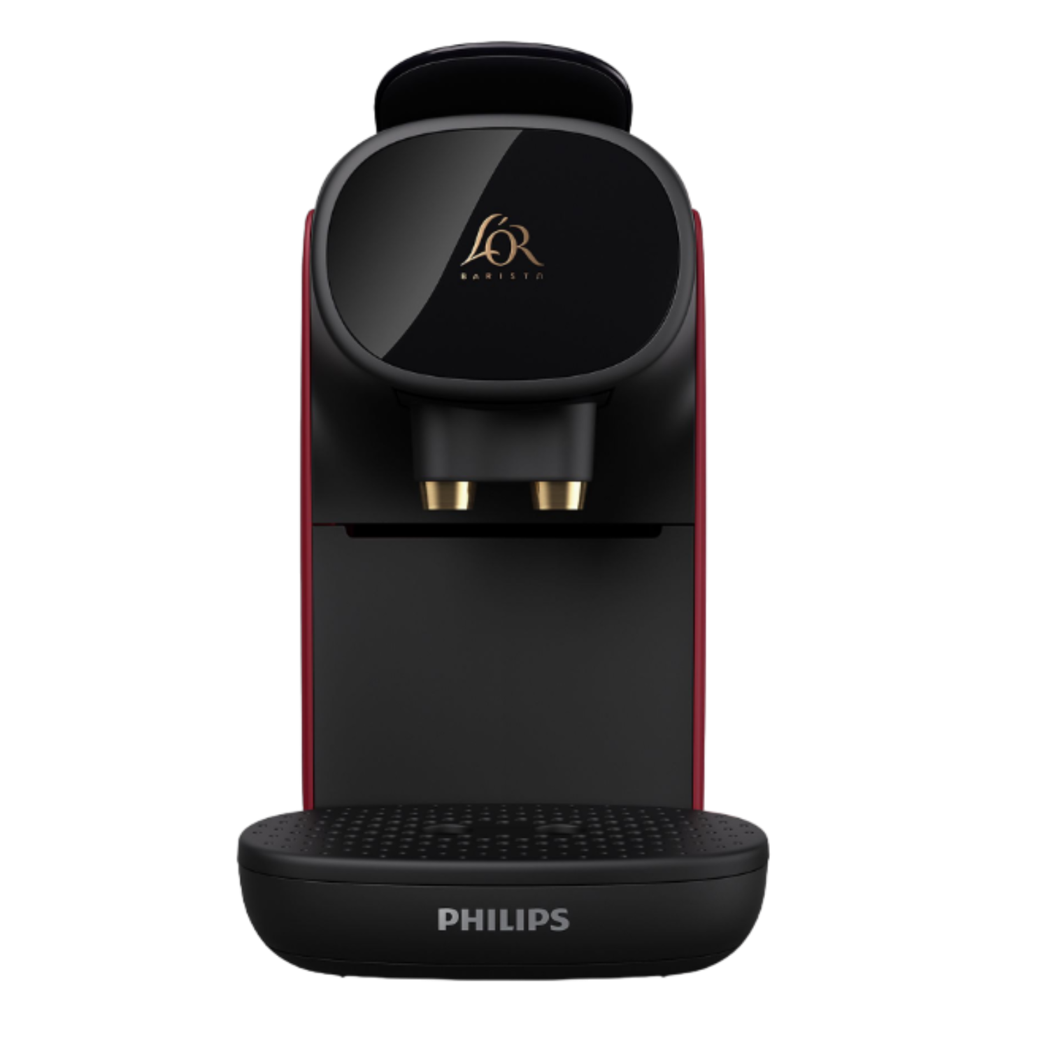 Czerwono-czarny ekspres do kawy Philips L'OR Barista z czarnym wylotem kawy.