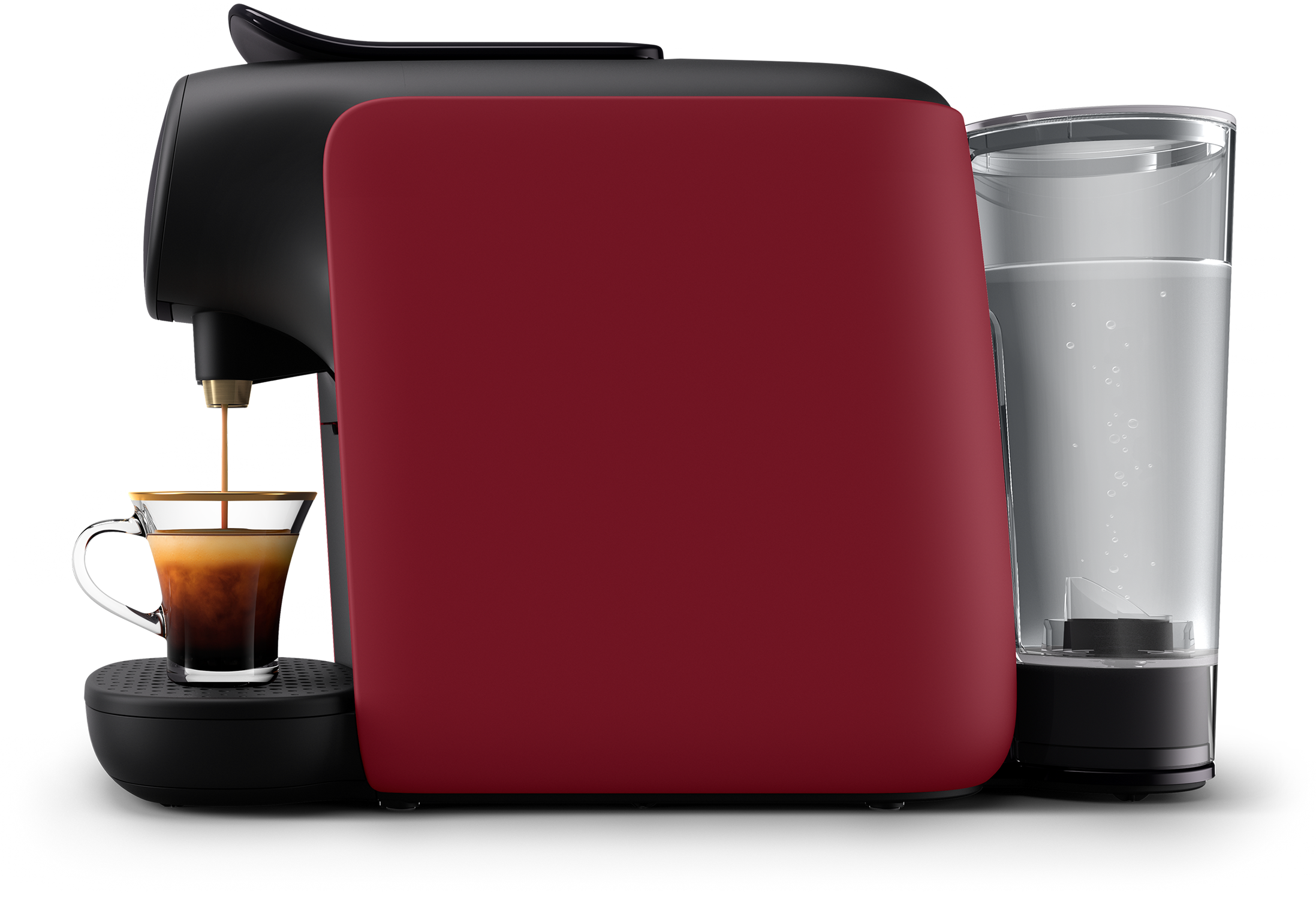 Czerwono-czarny ekspres do kawy dozujący kawę do szklanki, z pojemnikiem na wodę z boku.