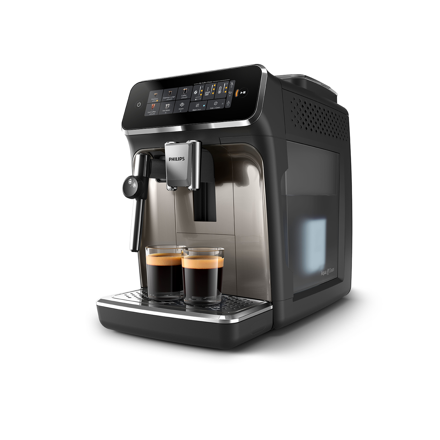 Cafetera Philips negra y plateada con dos vasos de café en la parte delantera.
