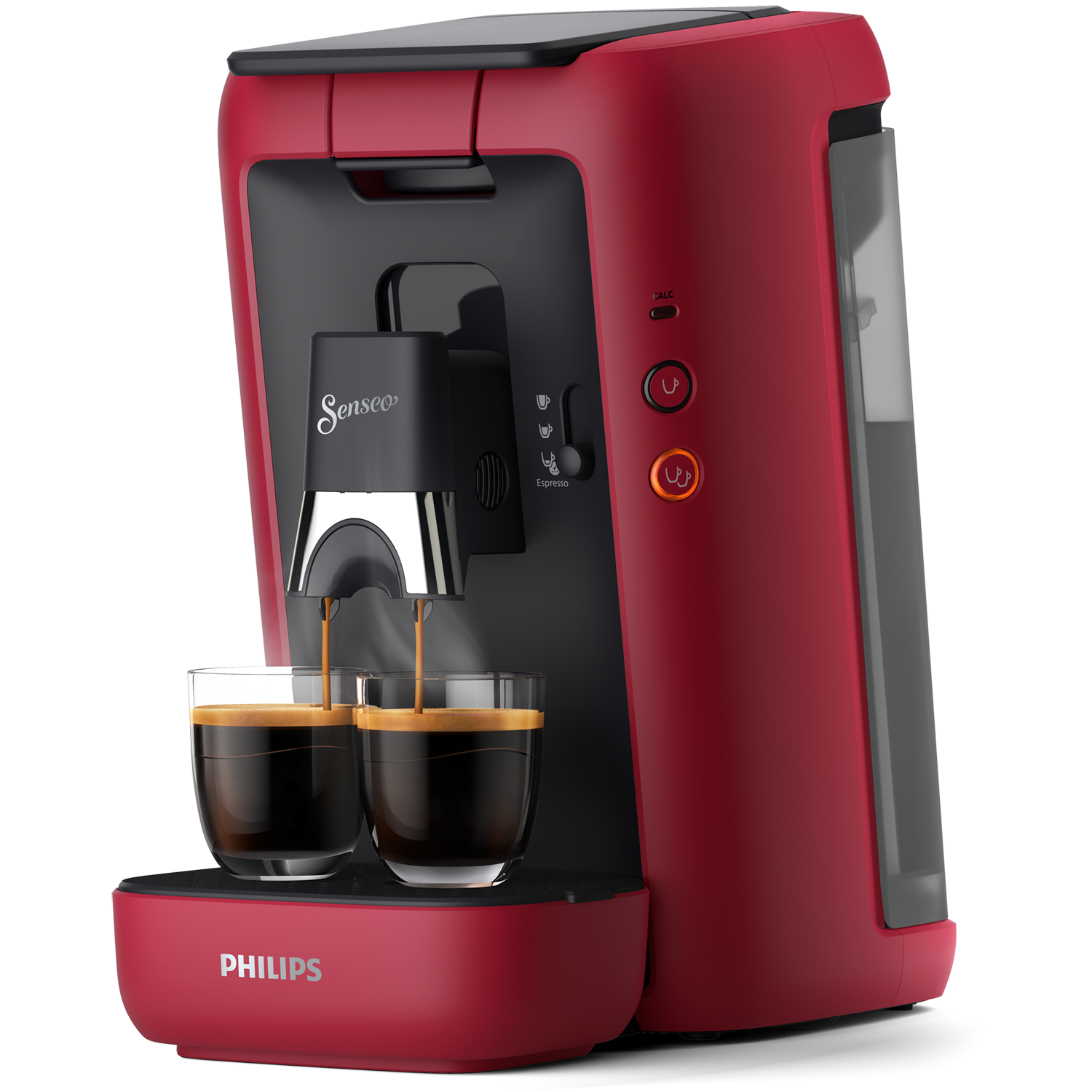 Rote Kaffeemaschine, die Espresso zubereitet. Zwei Gläser stehen unter den Düsen.