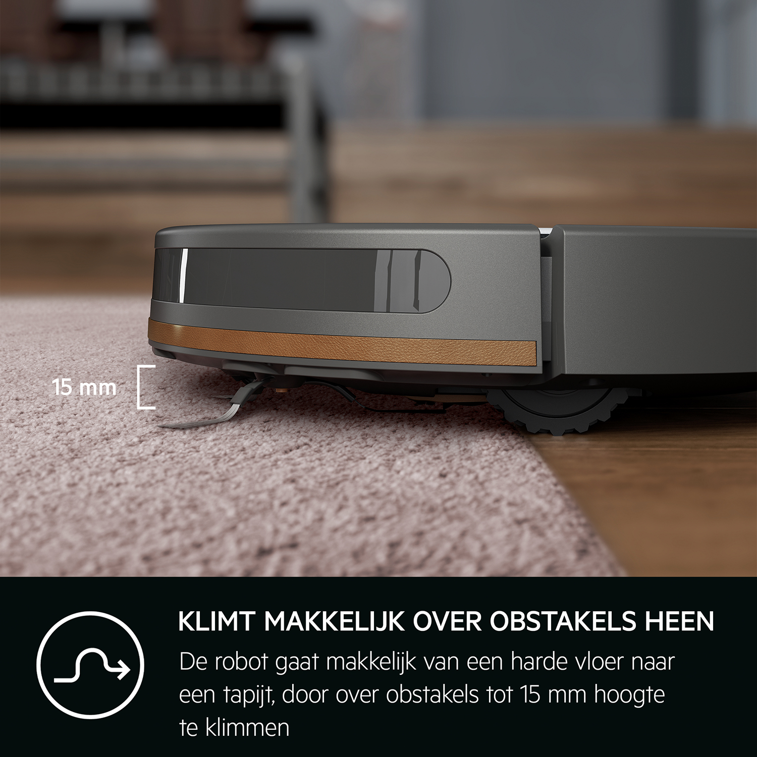 Odkurzacz robot sprzątający po dywanie i tekst opisujący jego zdolność wspinania się.