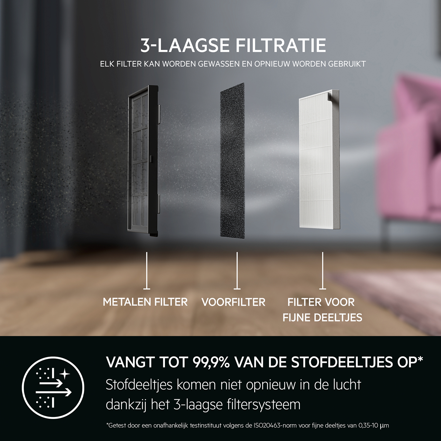 Schemat warstw filtra powietrza. Zawiera filtr metalowy, filtr wstępny i filtr cząstek stałych. Tekst po holendersku.