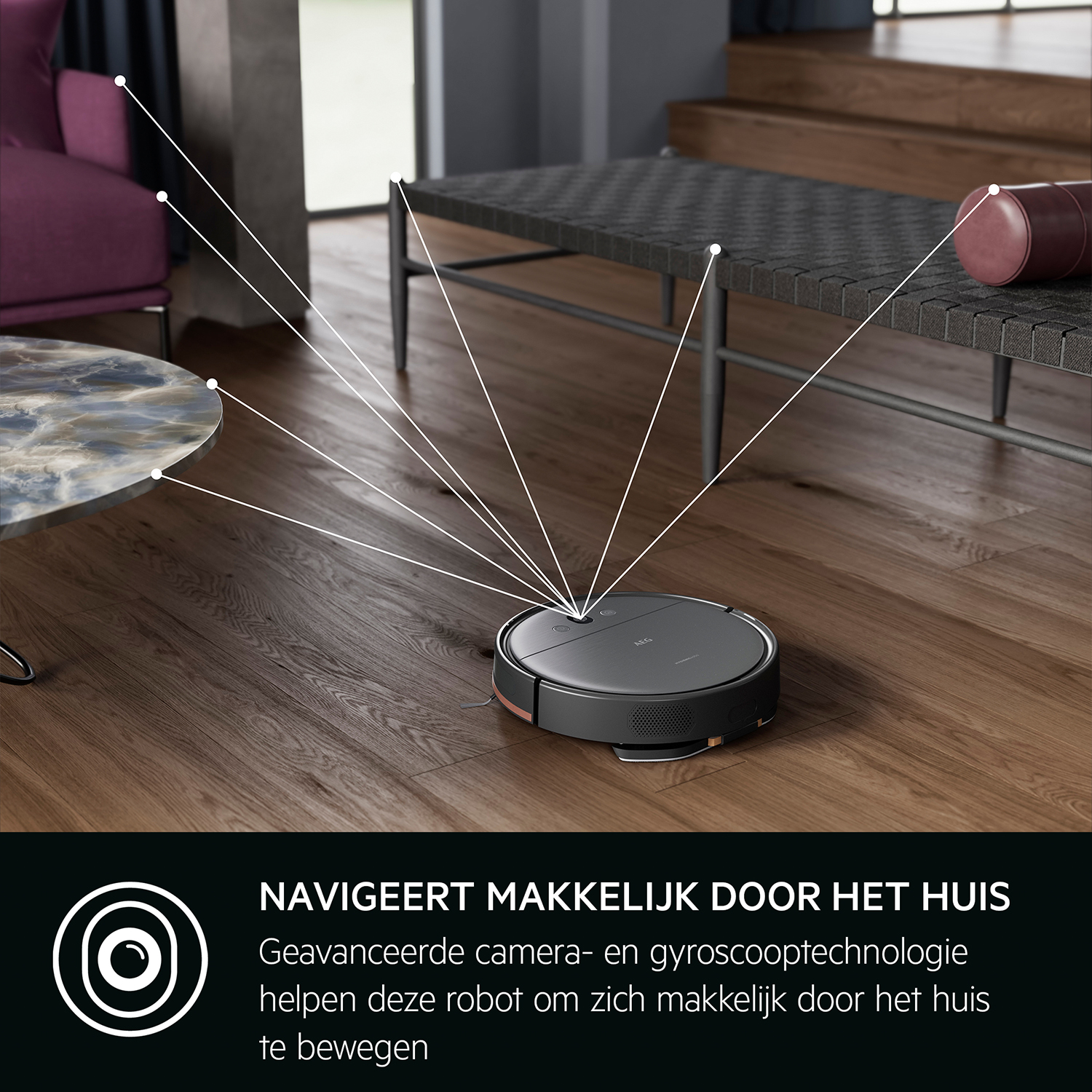 Robot odkurzający na drewnianej podłodze. Tekst: 'Łatwo nawiguje po domu'.