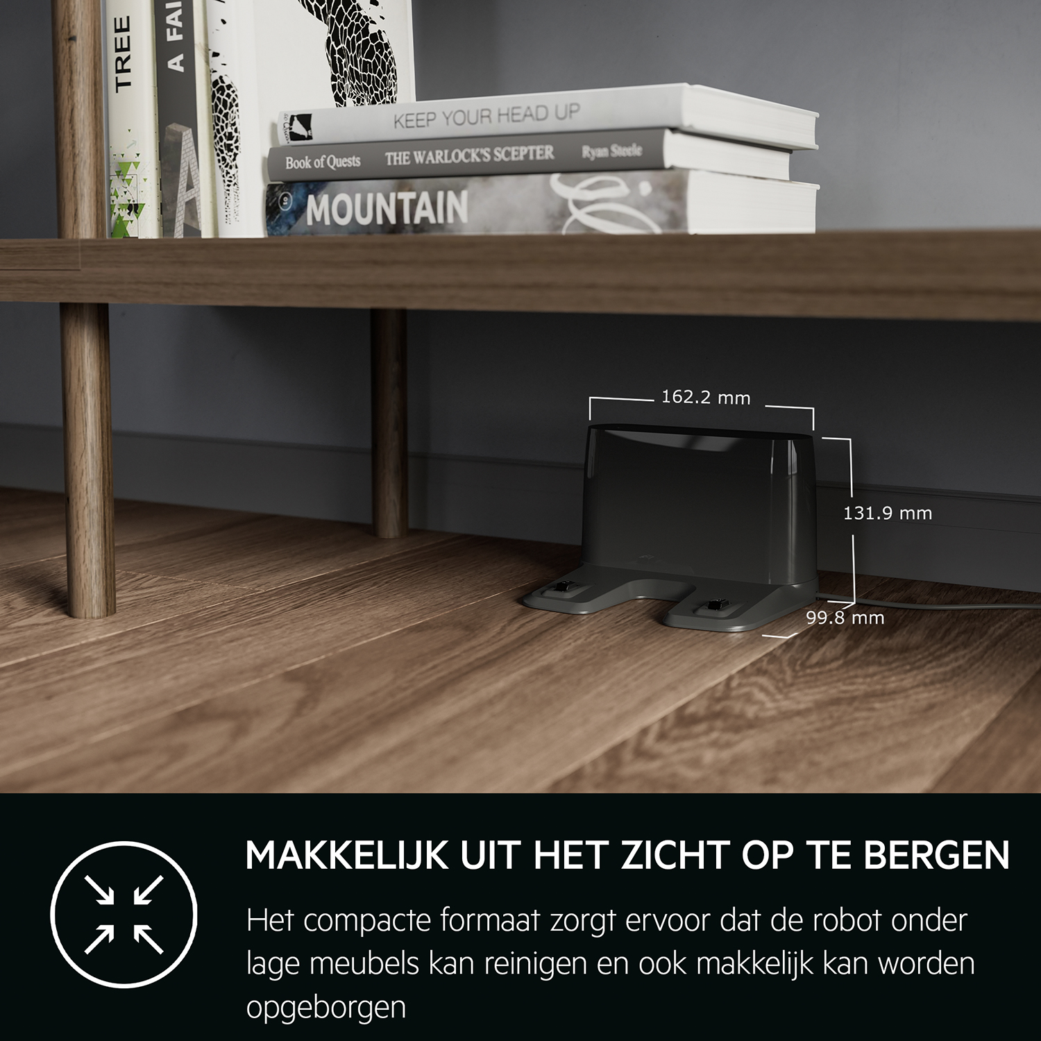 Ładowarka robota odkurzacza. Tekst: 'Łatwy do przechowywania'. Pokazano wymiary.