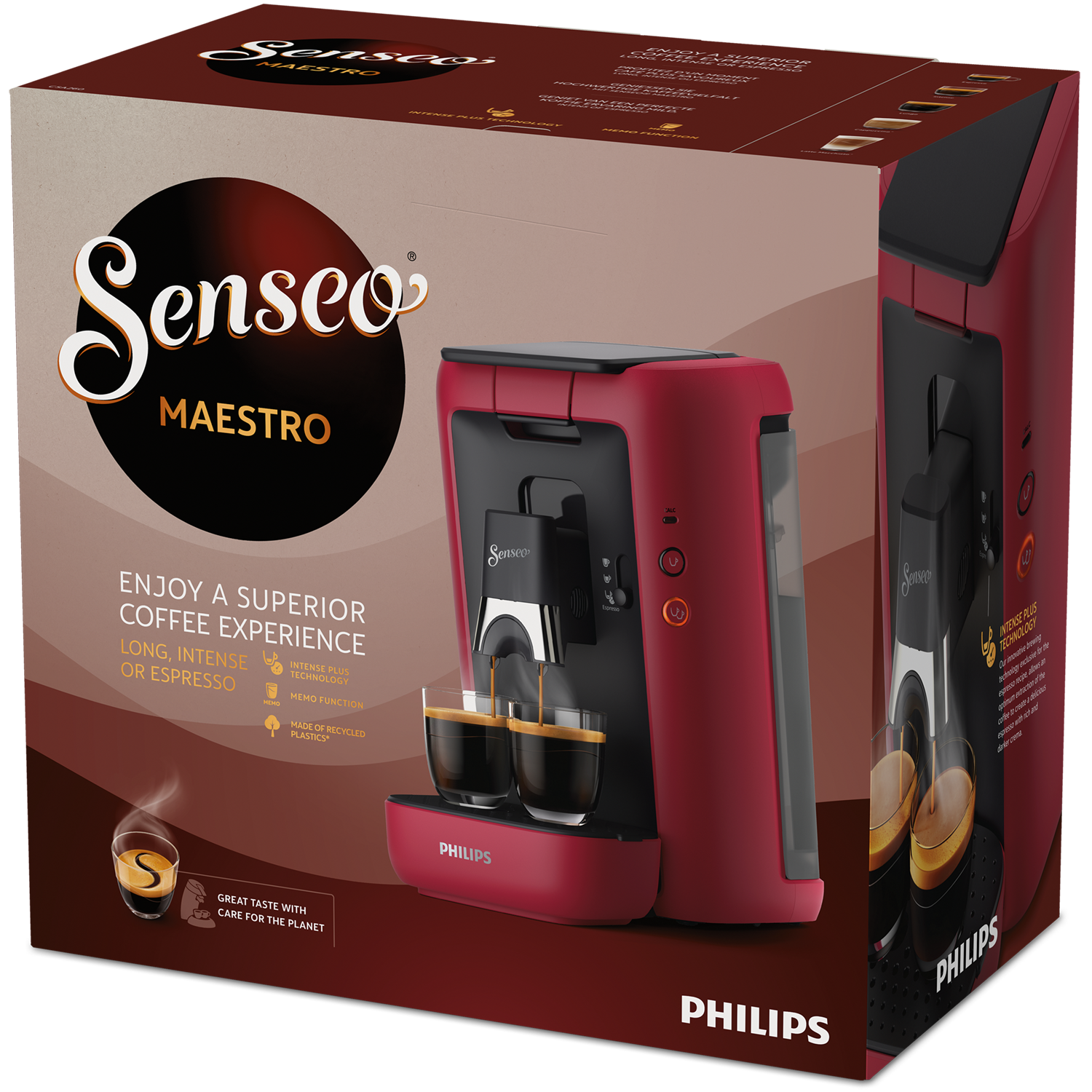 Eine Senseo-Kaffeemaschine in einer Box, mit zwei Tassen Kaffee, die gebrüht werden.