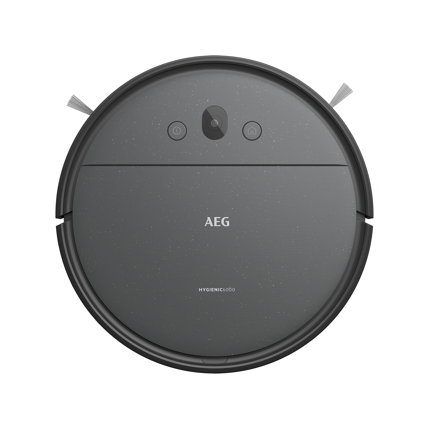 Okrągły, ciemnoszary odkurzacz robot, widok z góry. Przyciski i logo widoczne. Dwie szczotki z boków.