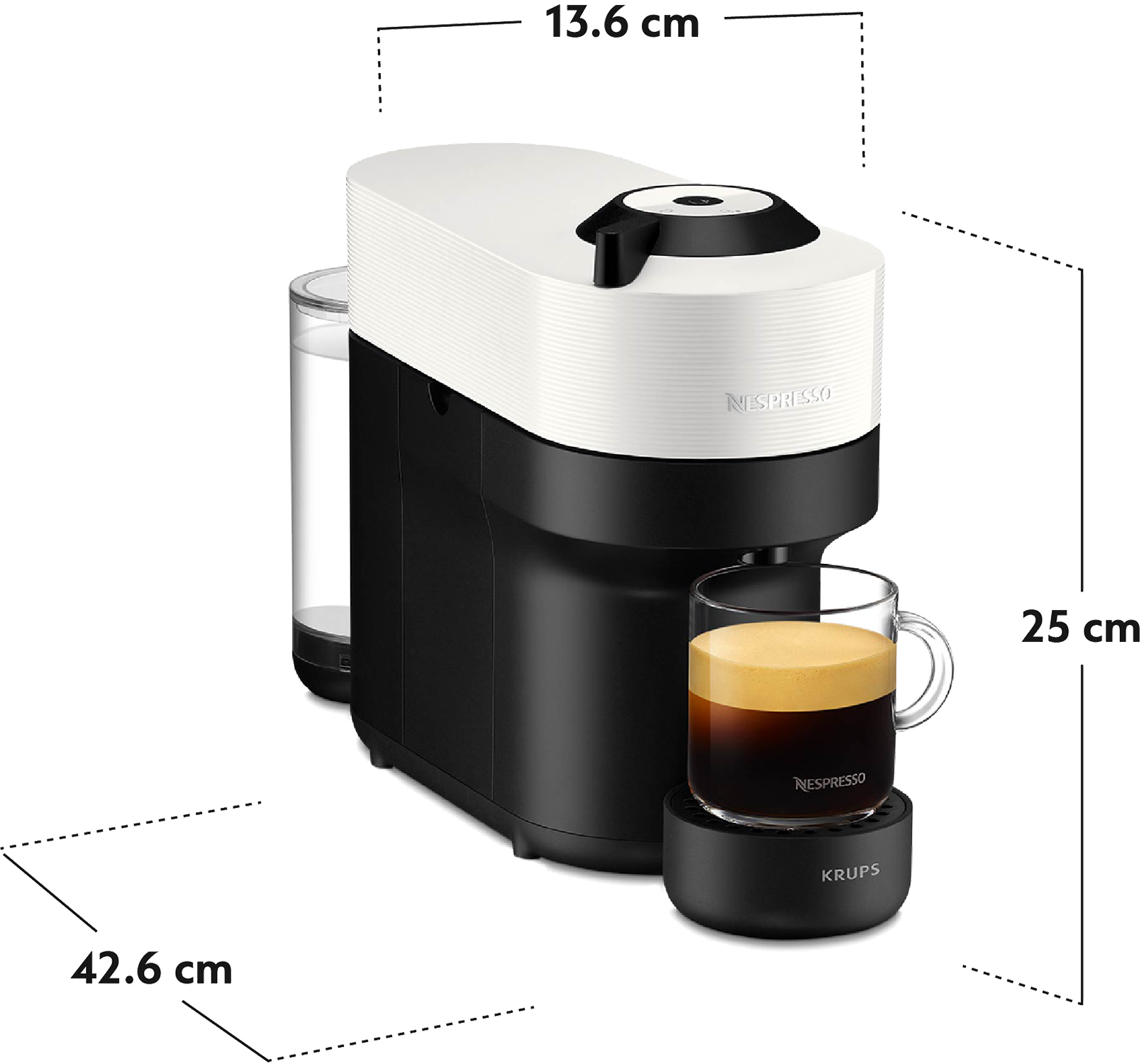 Cafetera Nespresso con taza. Colores blanco y negro. Se muestran las dimensiones.