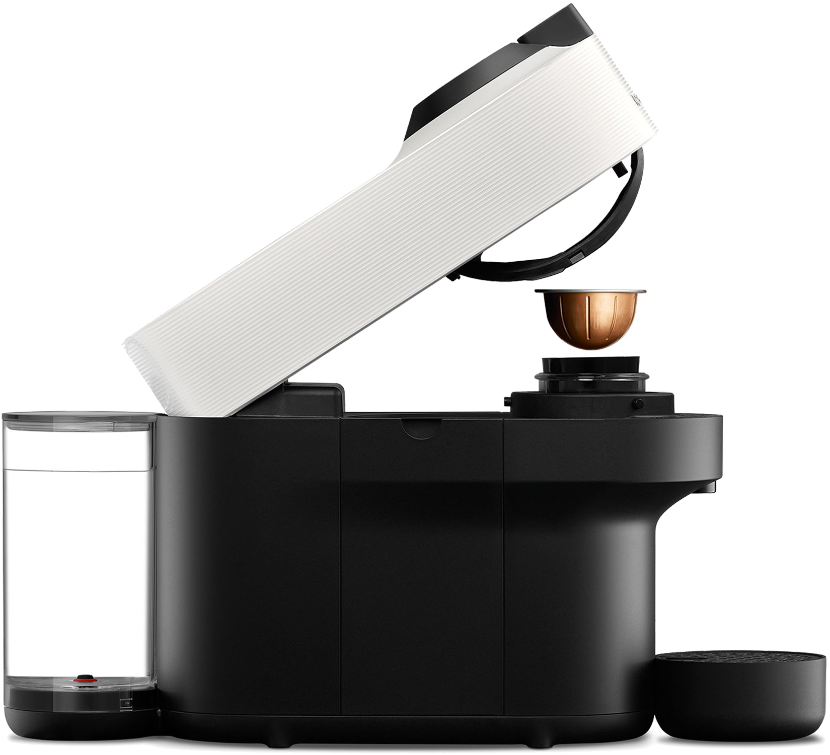 Coffee machine, black and white, open lid, coffee pod in place, black background.