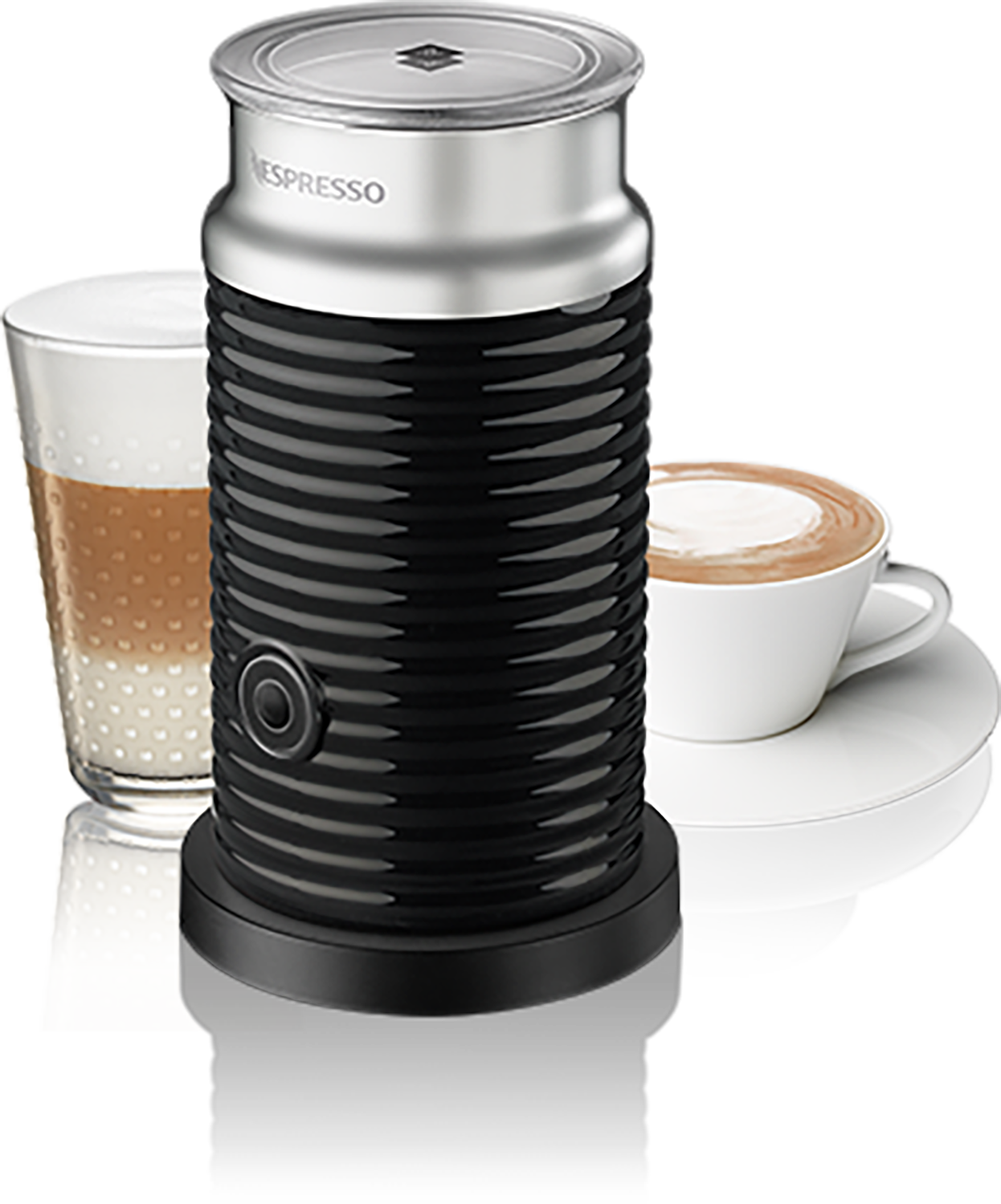 Máquina de espresso negra y plateada con café y un vaso de café en capas.