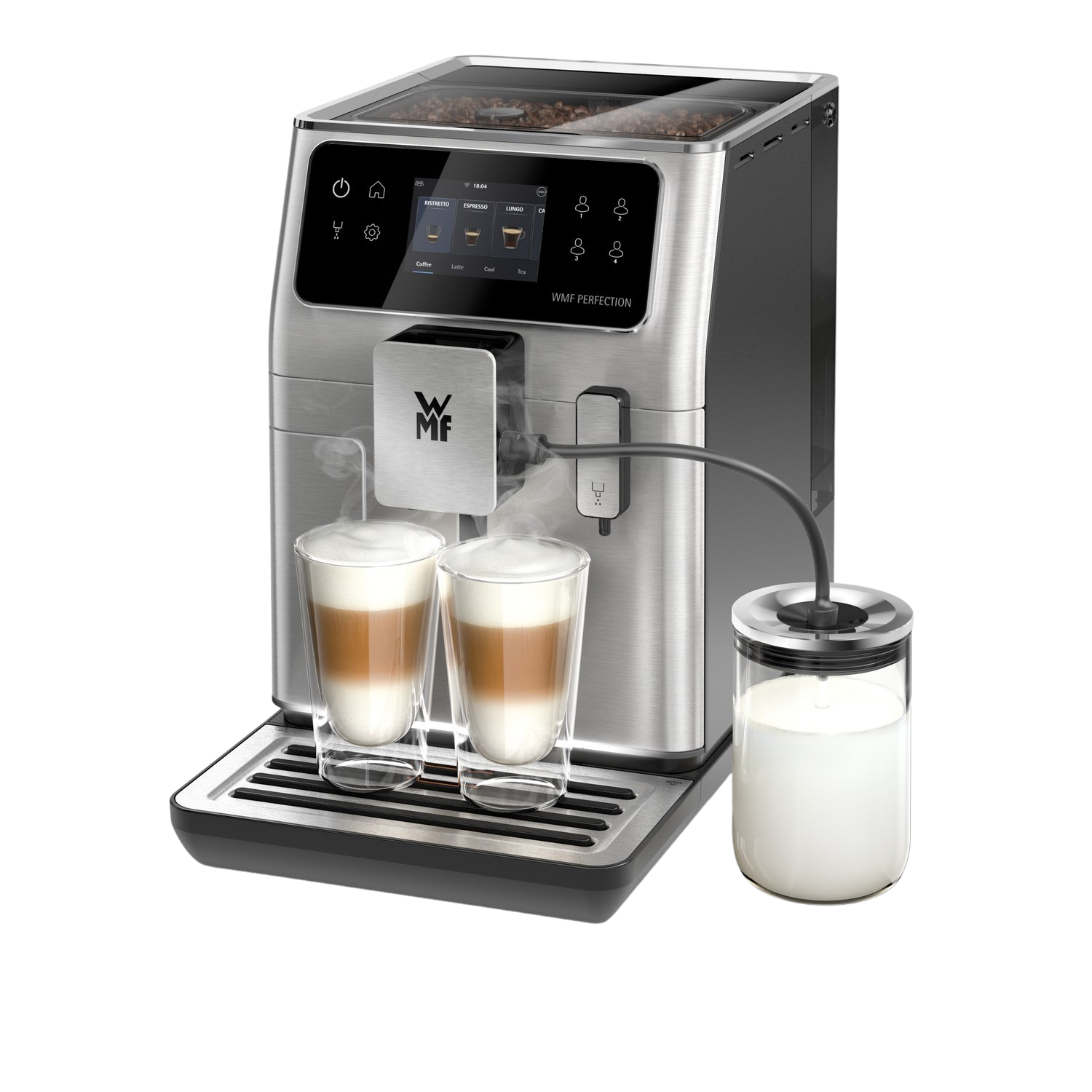 Macchina da caffè con due bicchieri di latte macchiato. Contenitore del latte e vista dall'alto dei chicchi.