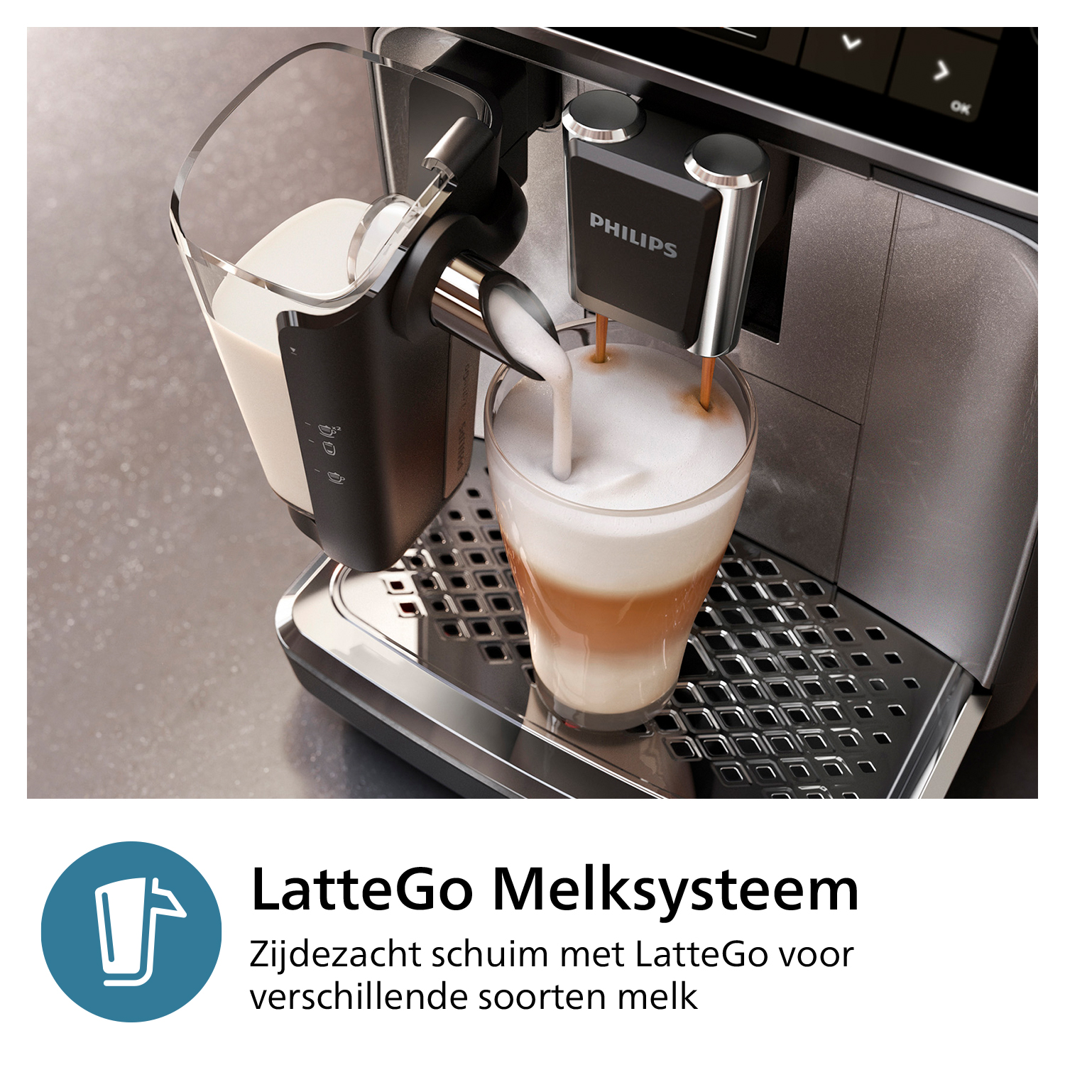 Ekspres do kawy Philips z spieniaczem mleka. Mleko jest wlewane do szklanki.