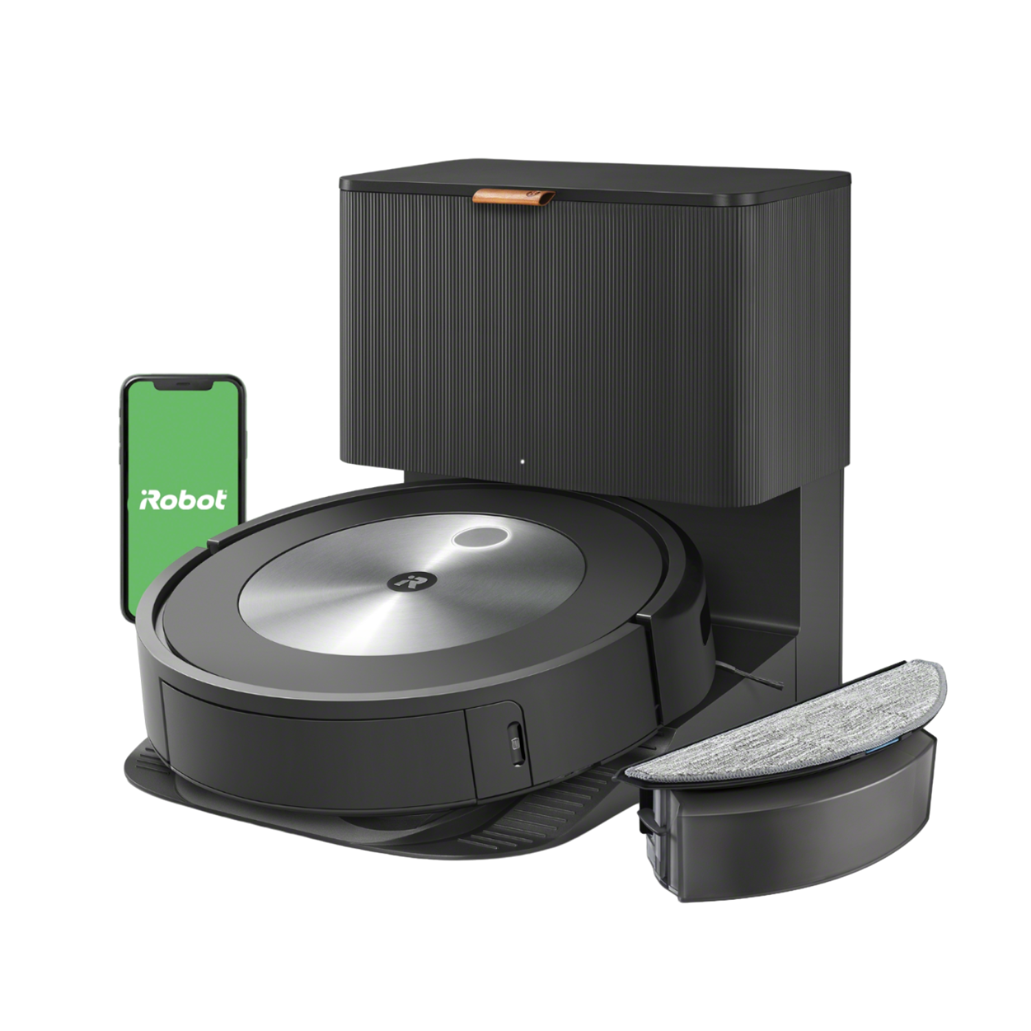Robot sprzątający z stacją ładującą. Telefon pokazuje aplikację Robot.