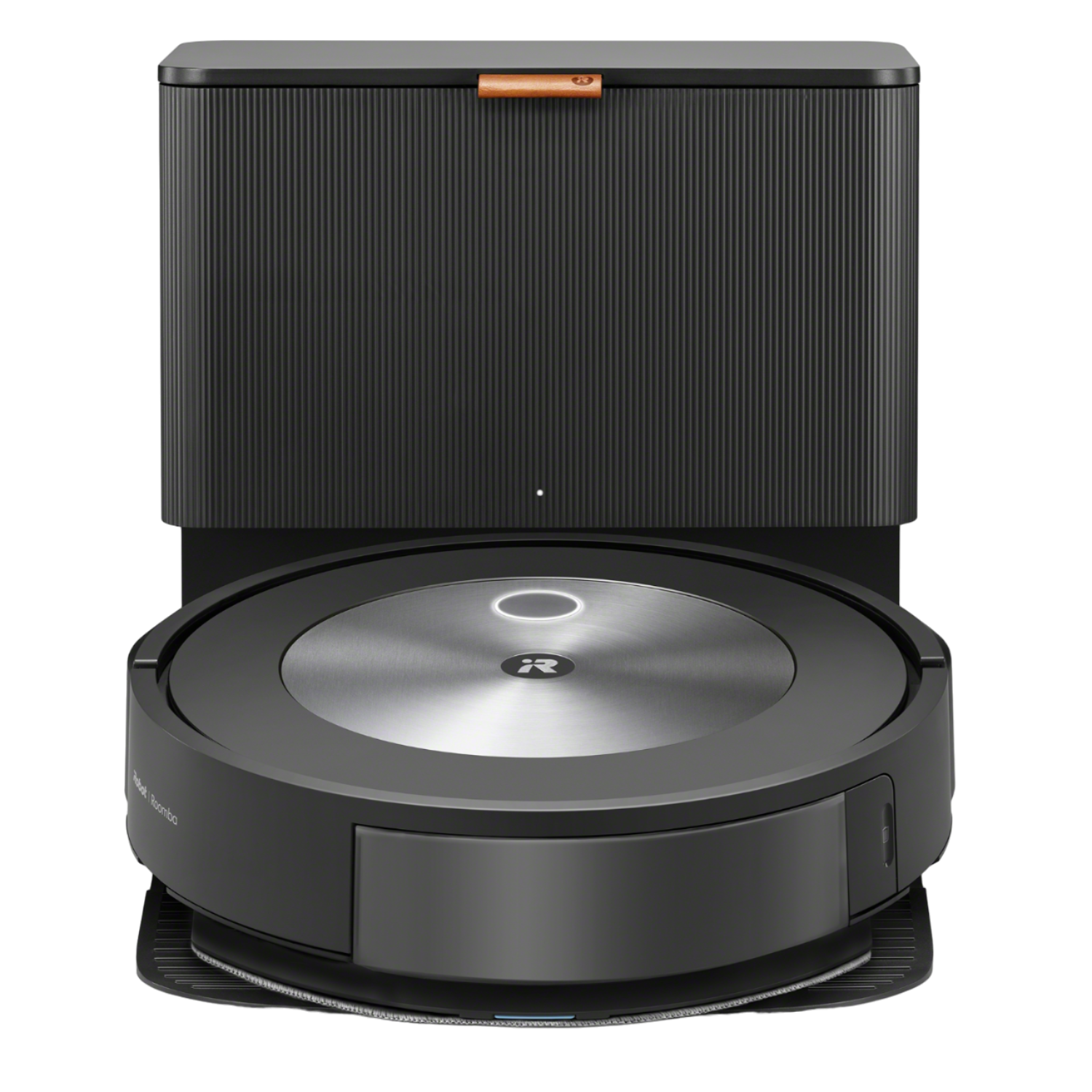 Czarny odkurzacz robot z bazą ładującą i stacją czyszczącą.