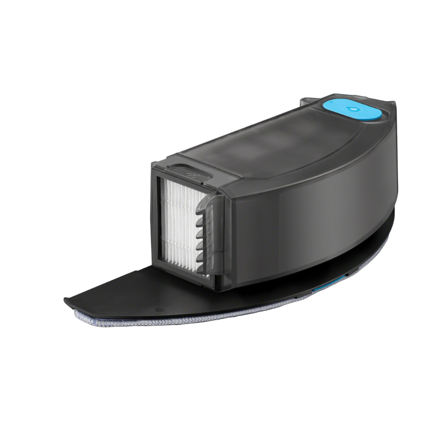 Filtr do odkurzacza. Czarny, biały filtr w środku. Niebieski przycisk na górze. Czarne tło.