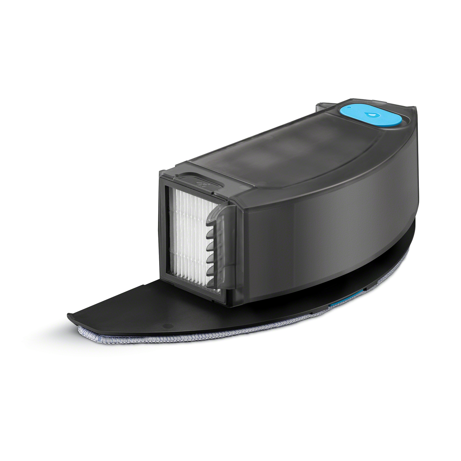 Element robota sprzątającego, czarny i niebieski, otwarty, widoczny filtr, białe tło.