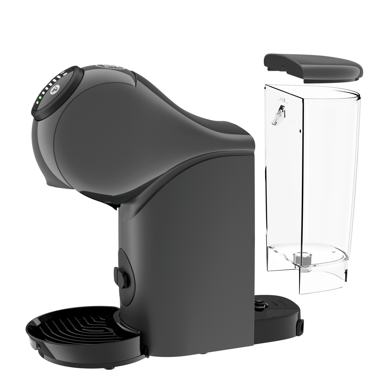 Schwarze Kaffeemaschine mit abgenommenem Wassertank. Schwarze Basis, schwarze Maschine, weißer Hintergrund.