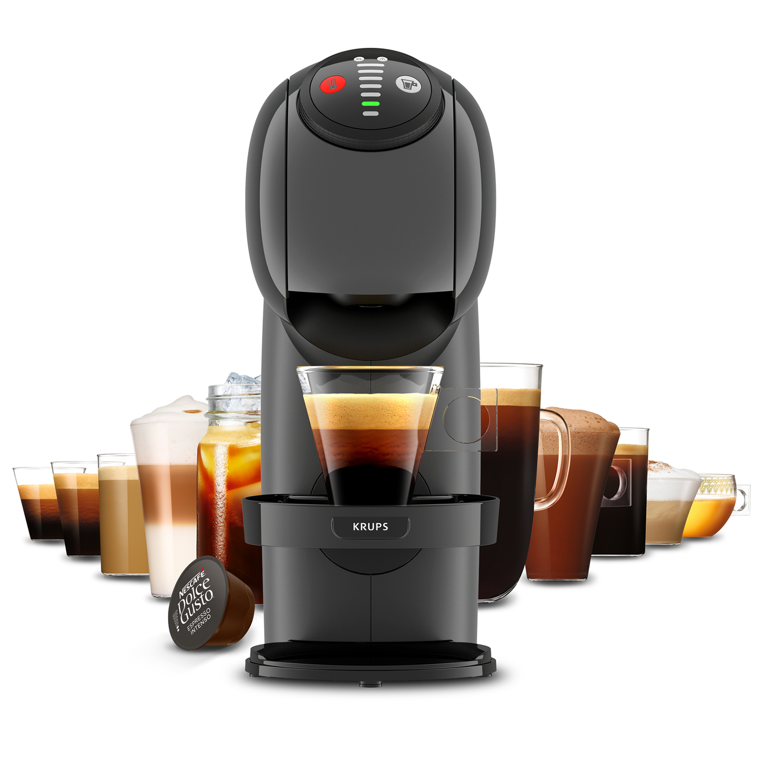 Eine schwarze Krups Kaffeemaschine mit mehreren Kaffeetassen davor.