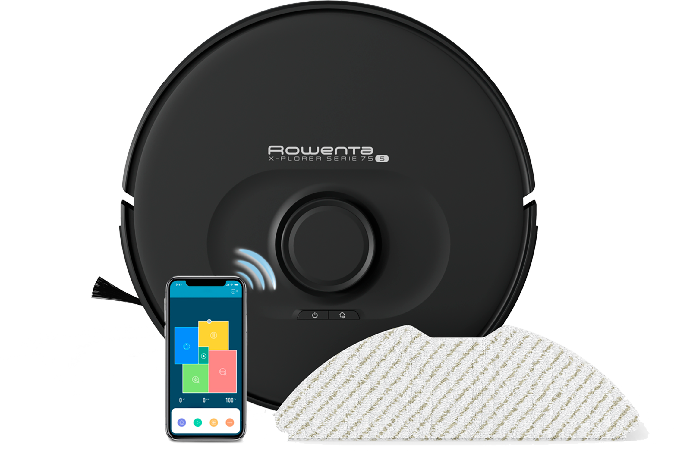 Robot aspirador negro y gris con un teléfono que muestra una aplicación. Almohadilla de limpieza beige.