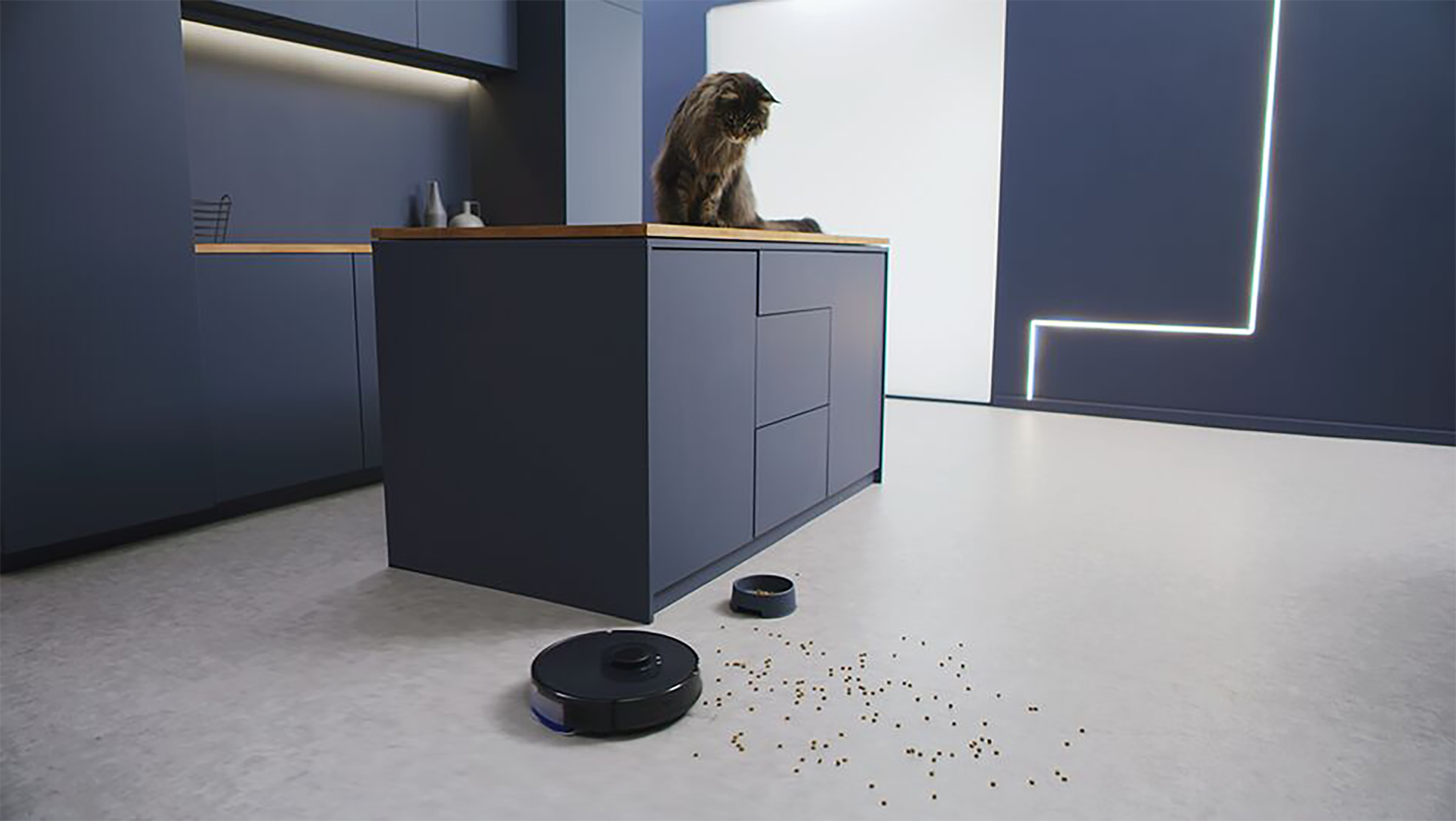 Gato en encimera, robot aspirador y comida derramada. Cocina oscura.