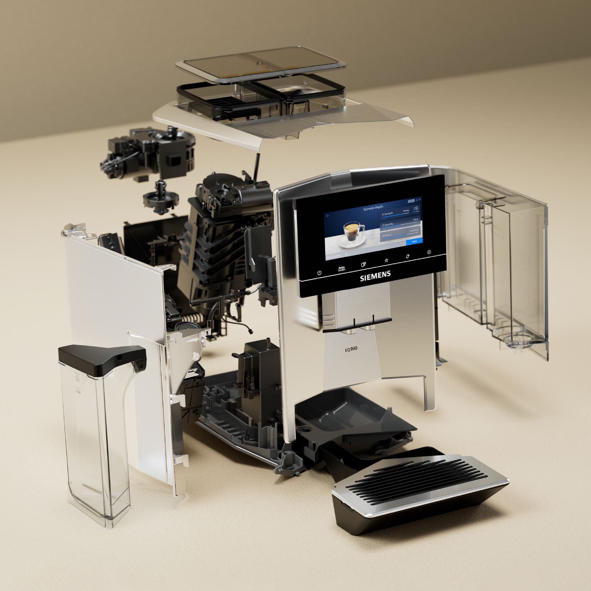 Exploded view of a Siemens coffee machine, showing internal components. Beige background.