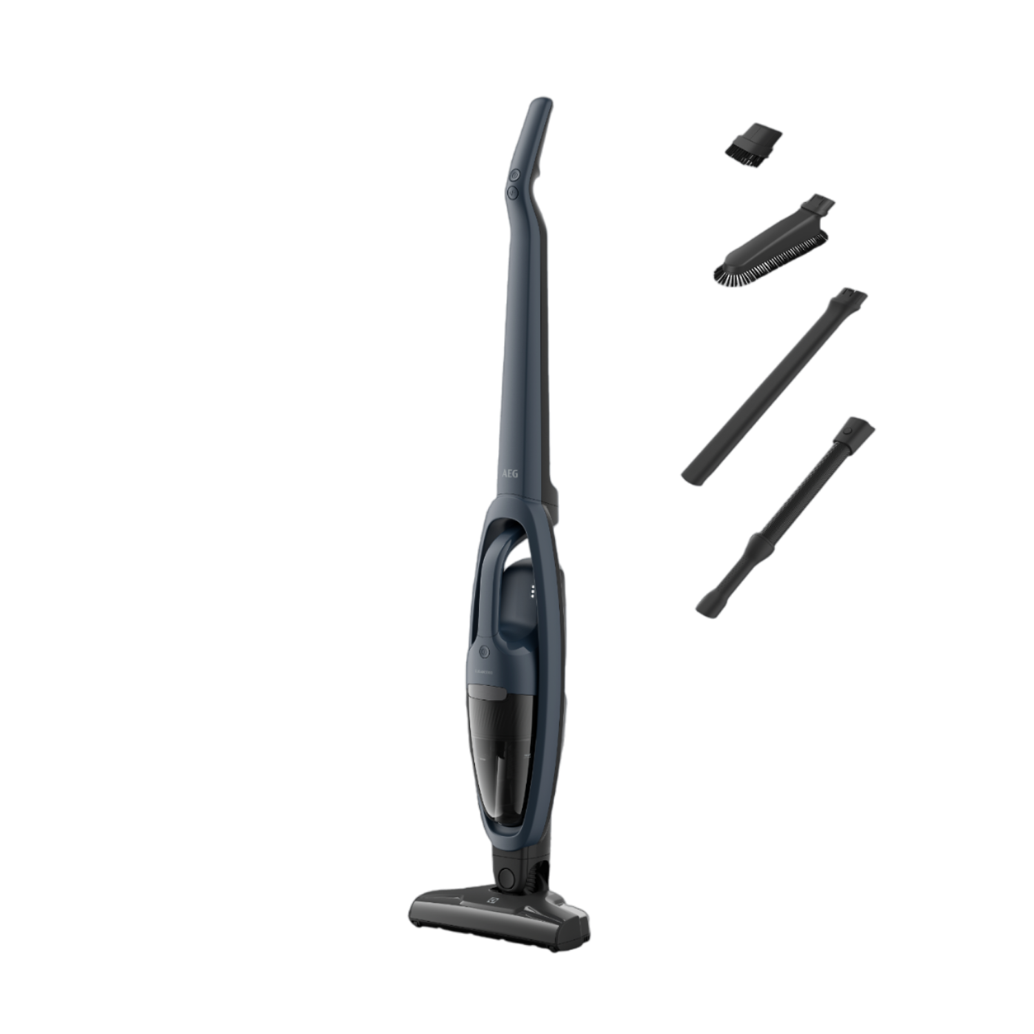 A cordless vacuum cleaner with multiple attachments against a black background.