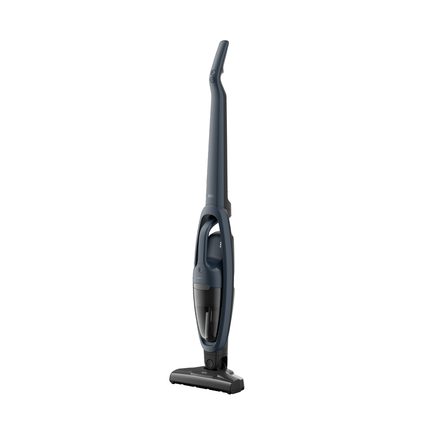 Blue AEG cordless vacuum cleaner. Slim design, black background. The vacuum is upright, ready to use.