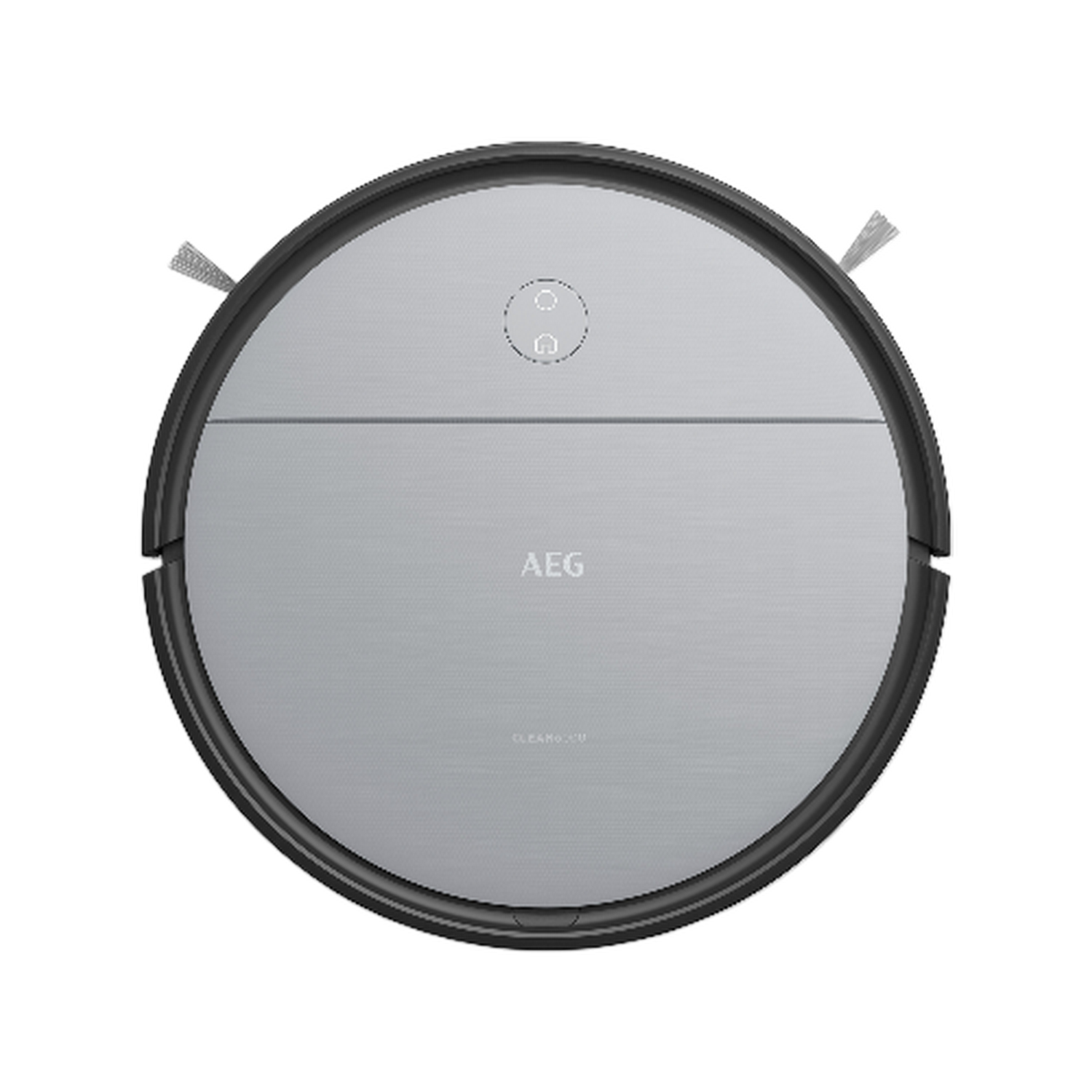 Vista superior de una aspiradora robot gris. Muestra botones y el logotipo de AEG.