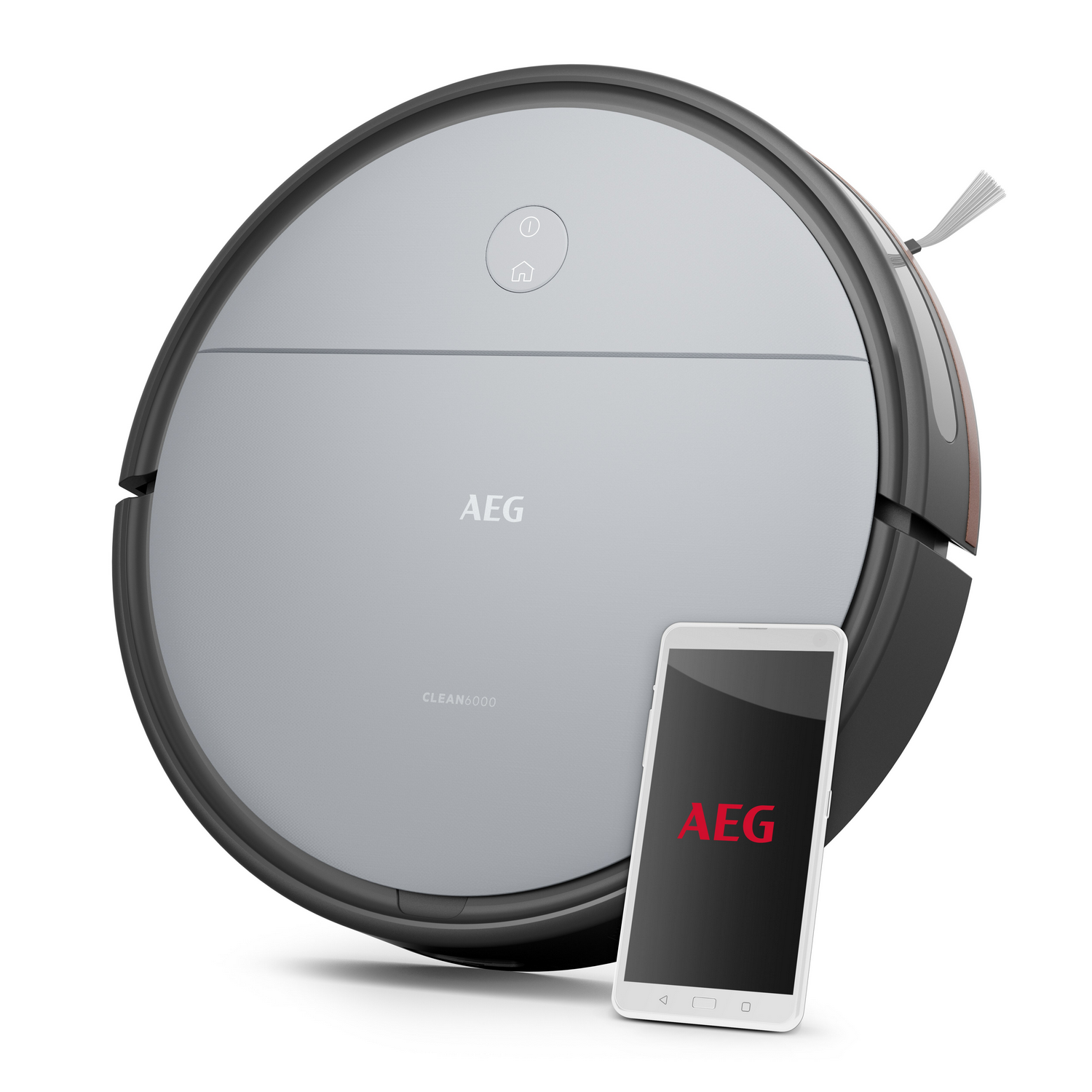 Una aspiradora robot AEG plateada y negra con un smartphone que muestra el logo de AEG.