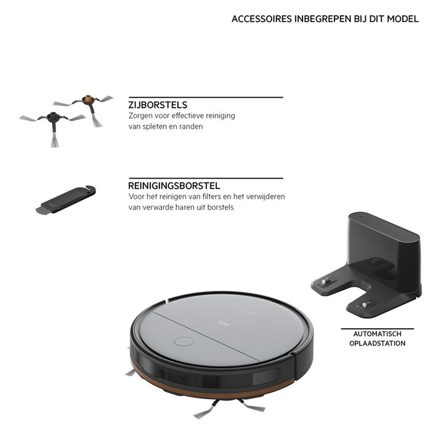Aspiradora robot con accesorios: cepillos laterales, cepillo de limpieza y una estación de carga automática.