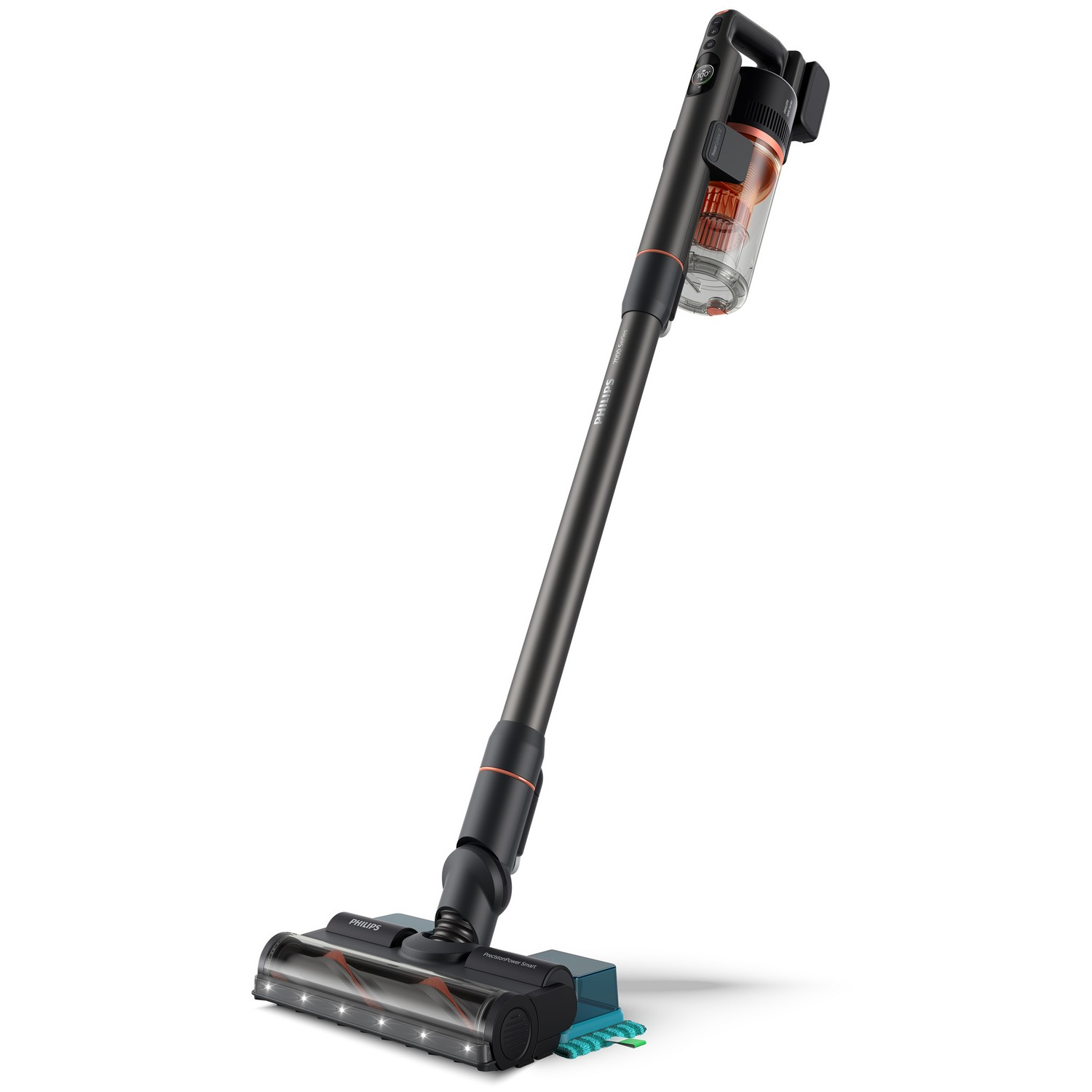Un aspirateur Philips noir et orange, incliné, sur fond blanc.