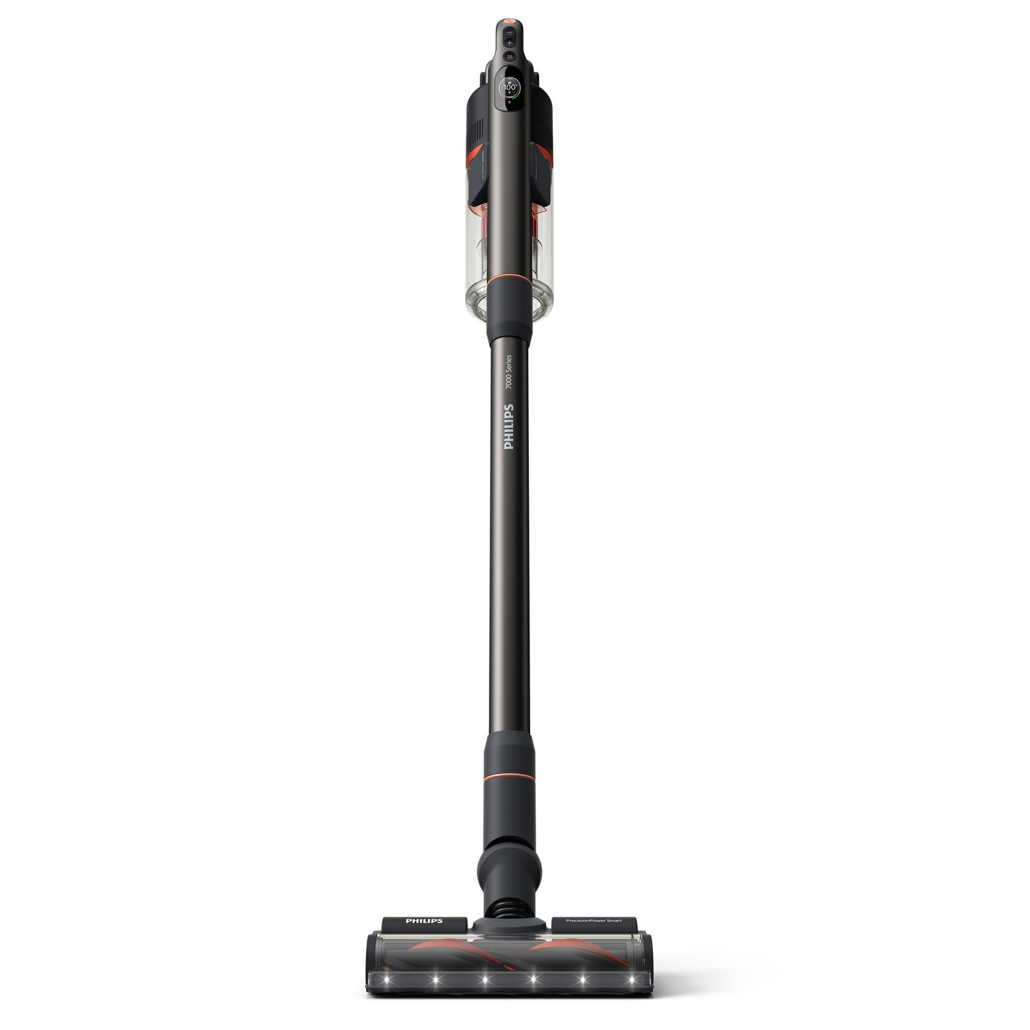 Un aspirateur Philips noir et rouge. L'aspirateur est vertical avec une longue poignée.