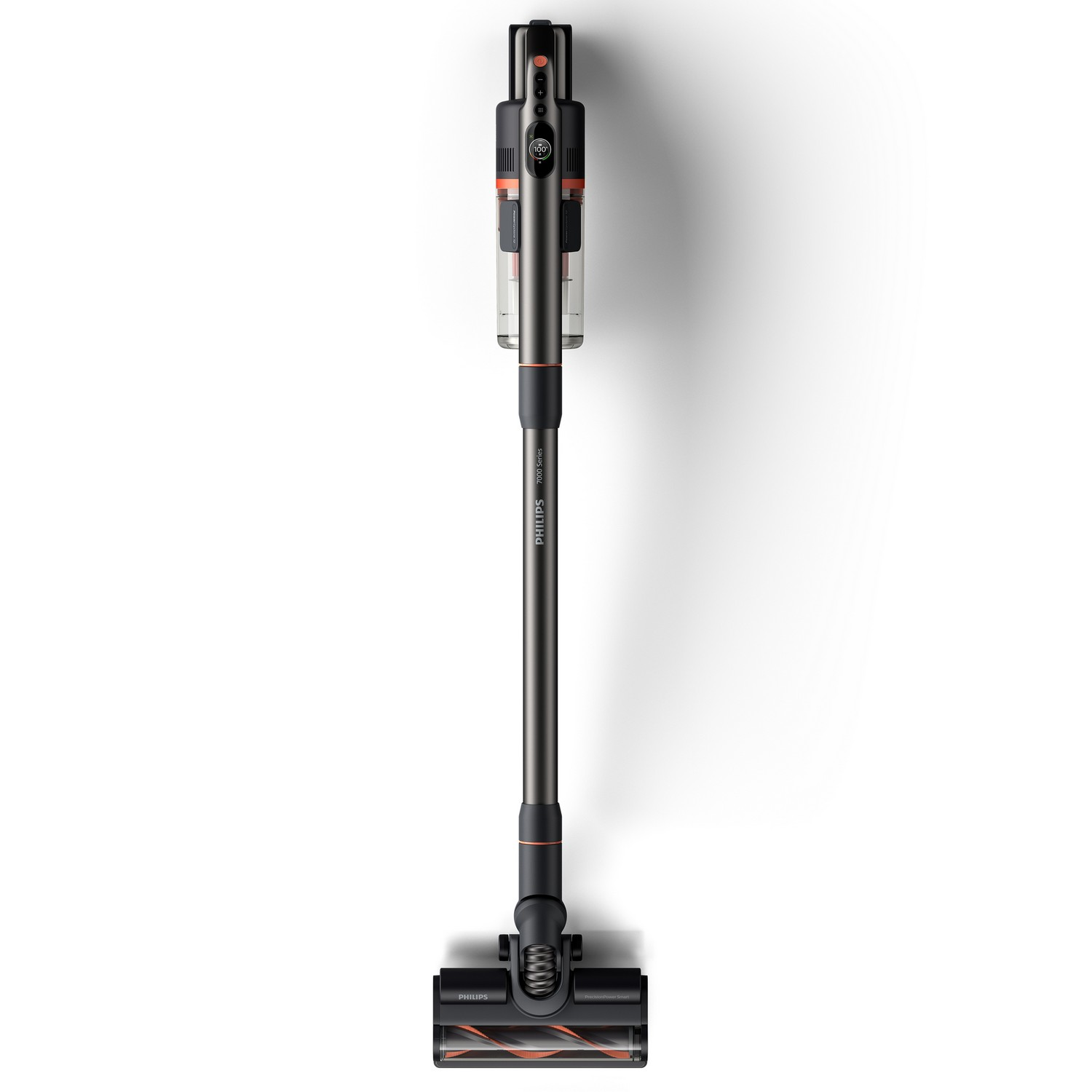 Aspirateur vertical, vue de dessus, sur blanc. Détails gris foncé et orange. Marque Philips.