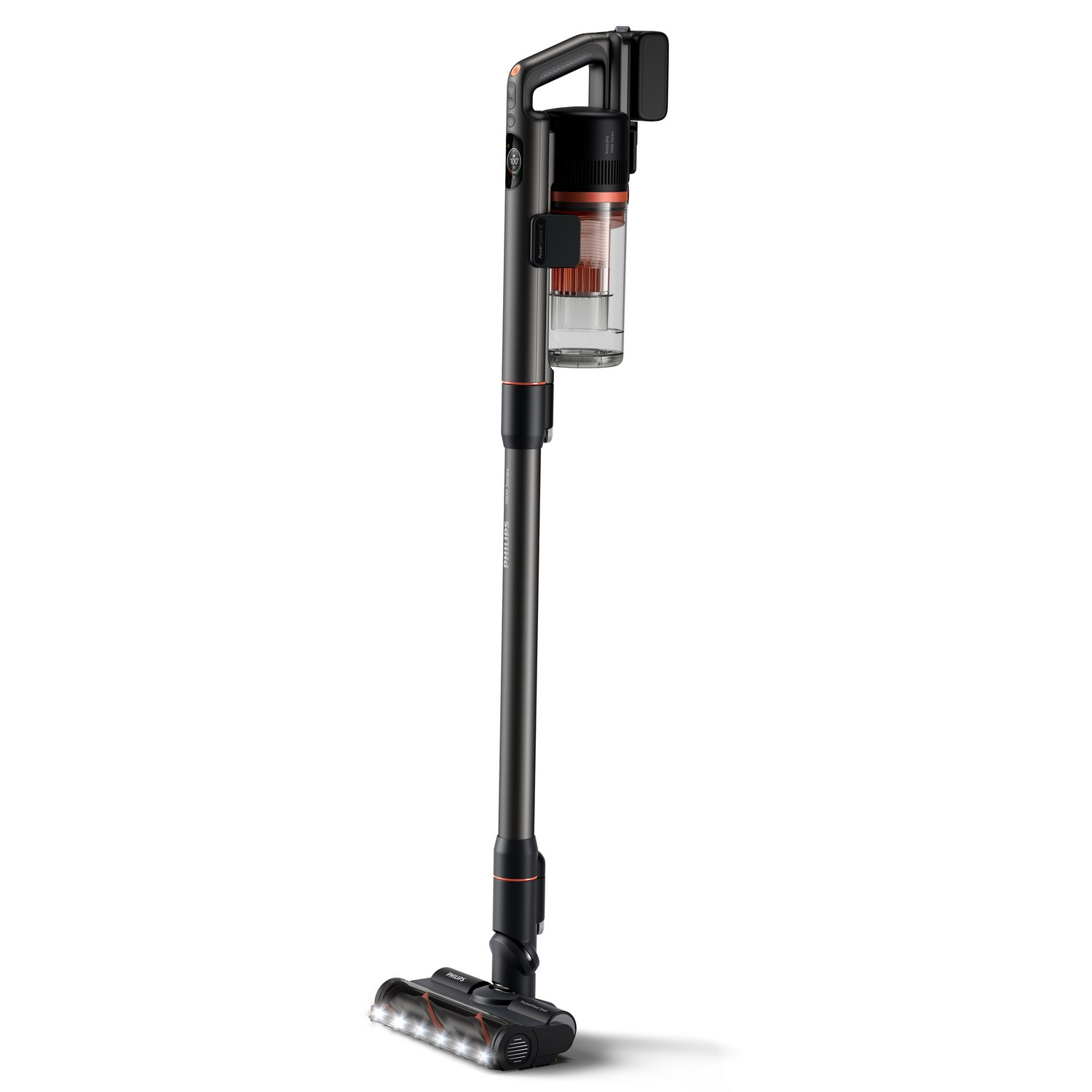 Aspirateur sans fil. L'aspirateur est noir et orange, sur fond blanc.