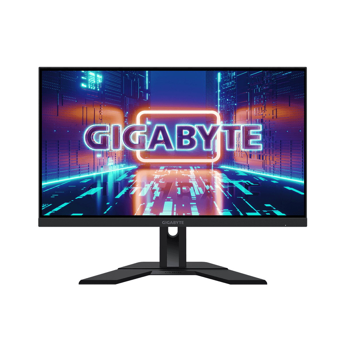 Monitor nero con logo 'GIGABYTE' sullo schermo. Supporto nero. Grafica blu e bianca.