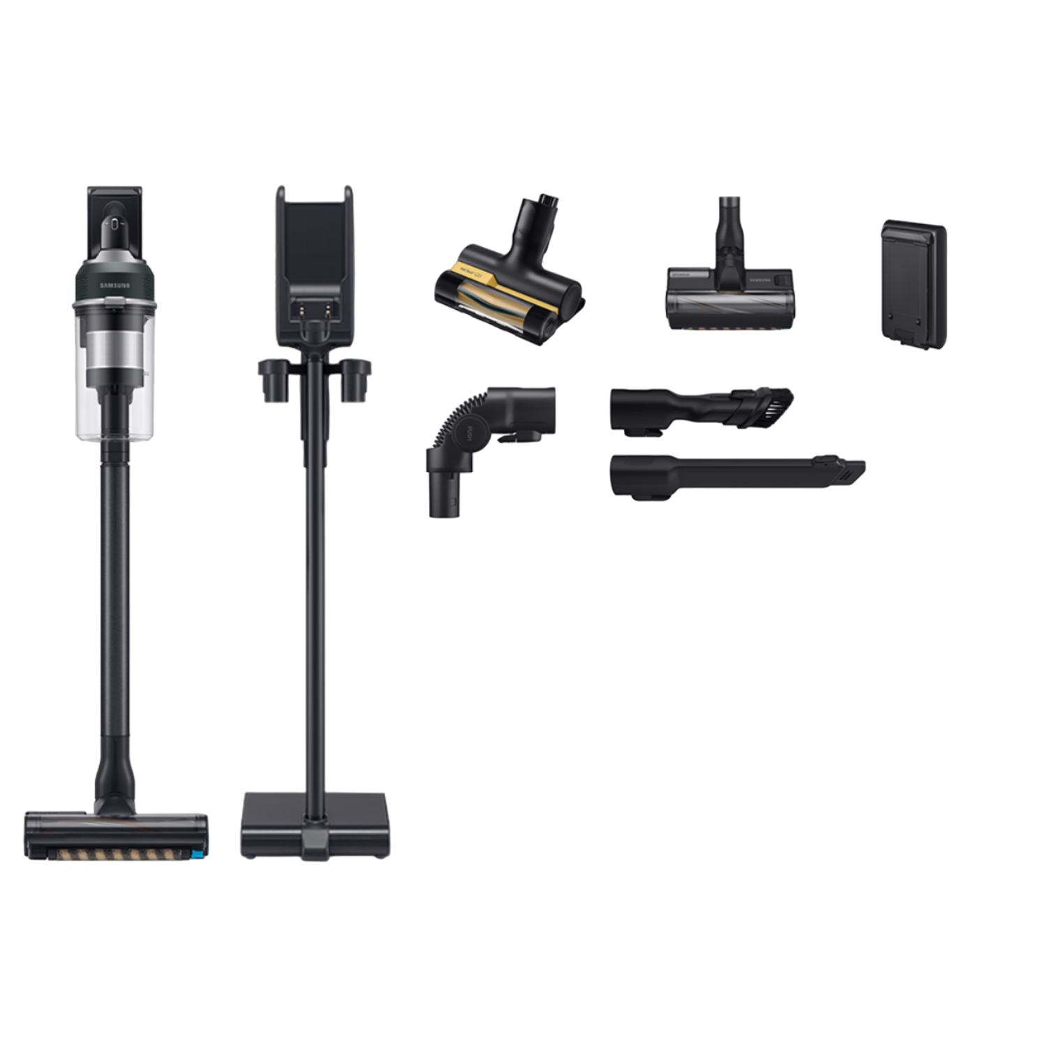 Części i akcesoria do odkurzacza, na czarnym tle.