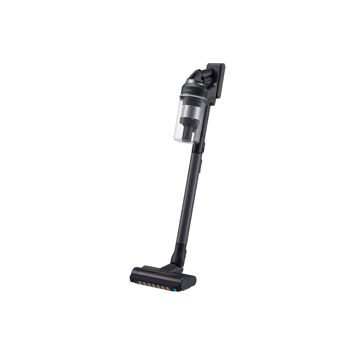 Odkurzacz bezprzewodowy, czarny, z przezroczystym pojemnikiem na kurz.