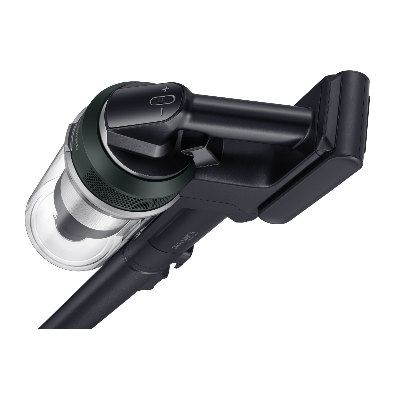 Czarny odkurzacz bezprzewodowy. Widok z bliska na uchwyt i pojemnik na kurz. Widoczne zielone akcenty.