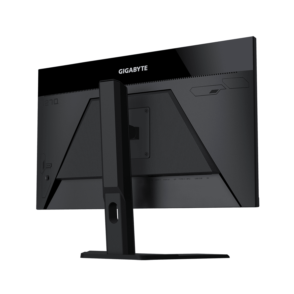 Monitor Gigabyte nero, vista posteriore, che mostra porte, supporto e il logo Gigabyte.