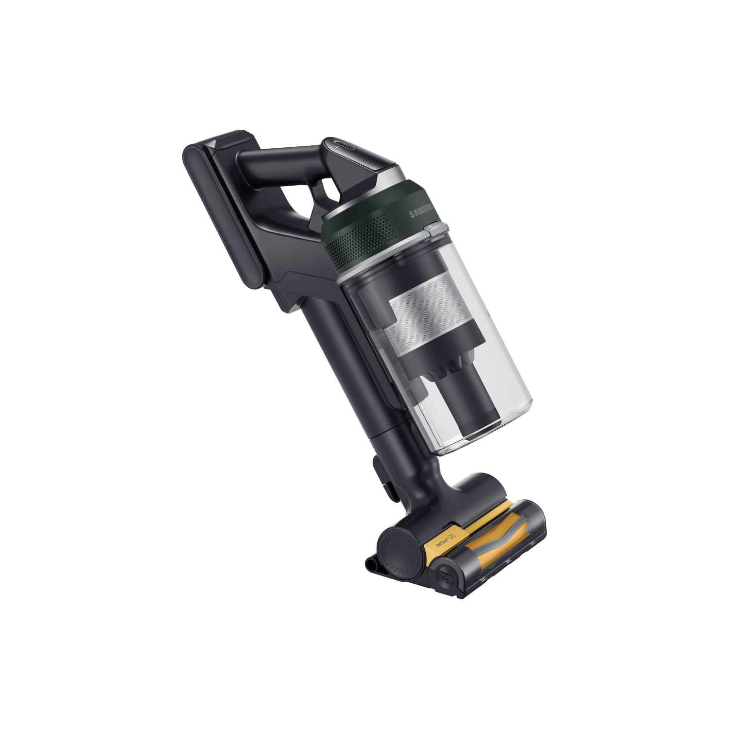 Odkurzacz, widok pod kątem. Czarny i srebrny, widoczne elementy. Logo Samsung.